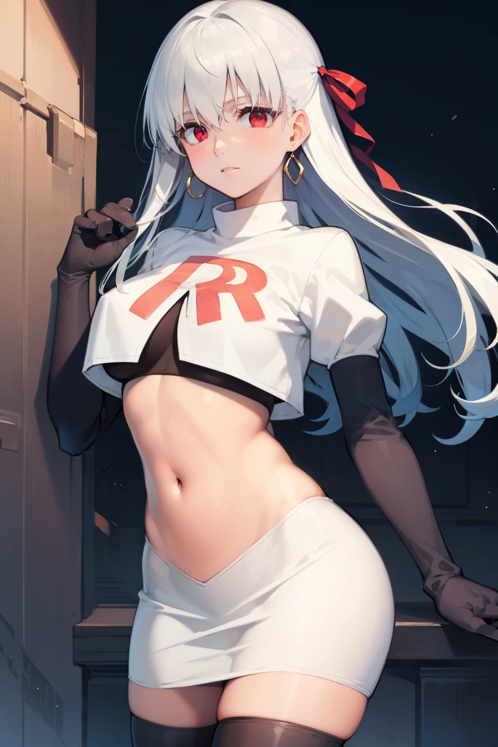fgokama, kama, hair ribbon, (red eyes:1.5), red ribbon, ribbon, long hair, white hair,
BREAK earrings, jewelry, ring, team rocket,team rocket uniform,white skirt,red letter R,crop top,black thigh-highs,black elbow gloves
BREAK looking at viewer,
BREAK (masterpiece:1.2), best quality, high resolution, unity 8k wallpaper, (illustration:0.8), (beautiful detailed eyes:1.6), extremely detailed face, perfect lighting, extremely detailed CG, (perfect hands, perfect anatomy),