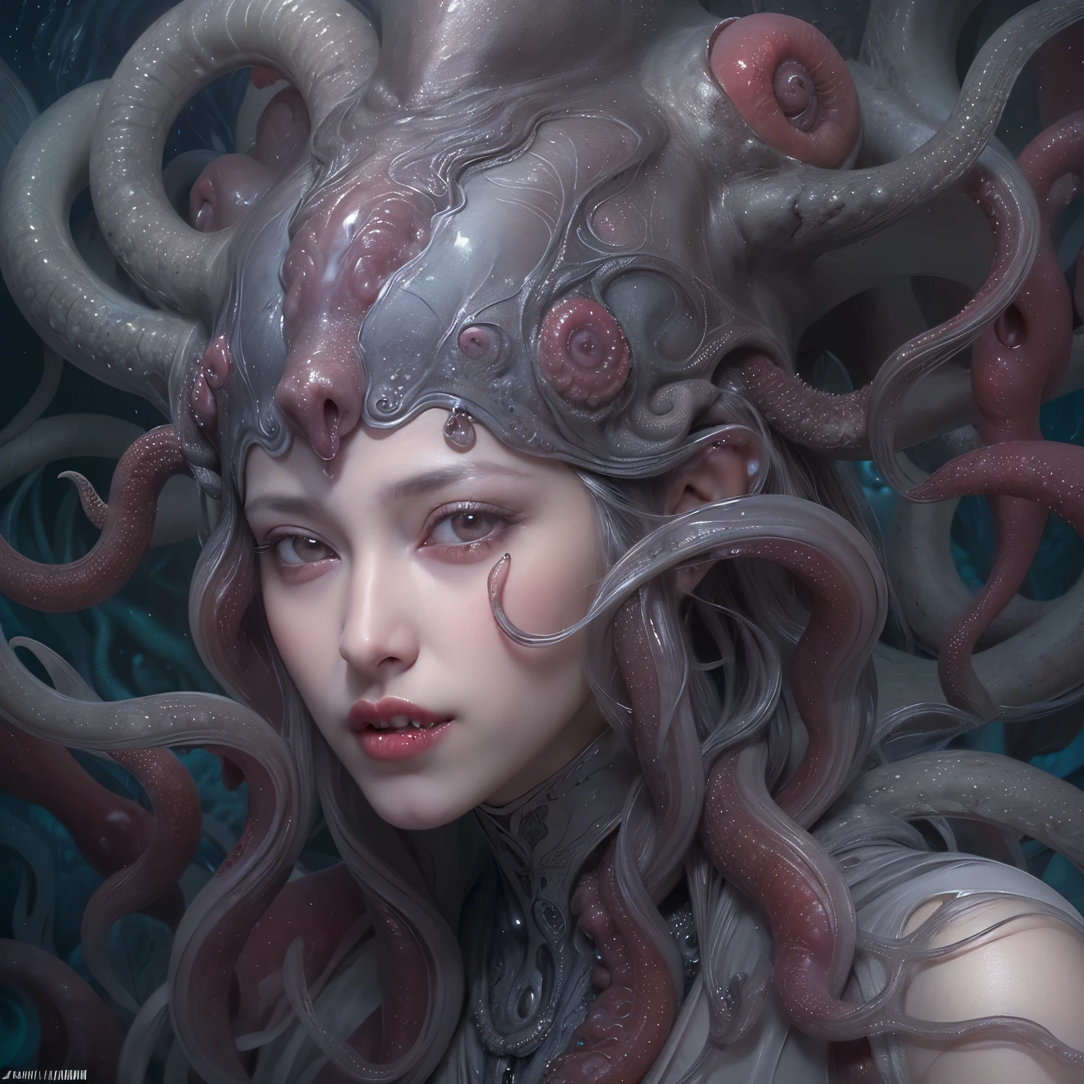 (A portrait of one beautiful and obscene female alien who is a teenager:1.4), ((There is a female genital-like organ in the middle of her forehead:1.8)), (realistic face:1.2), pale skin, (Numerous award-winning masterpieces, with incredible detail, textures and maximum detail), artistic photography, midnight aura, unreal engine 5, Ultra Sharp Focus, (art by Amano Yoshitaka:1.5), ArtGerm, Roisch, intricate artwork, ultra realistic realism, high resolution, High freshness, drawing faithfully, official art, Unity 8K Wall paper, ultra detailed artistic photography, dream-like, Creation of fantasy, dream Snail, (biopunk nautilus:1.3),Thrilling color schemes, Amazing mutation, well-proportioned body, (The goddess of the deep sea:1.5), fractal, Geometric pattern, impossible figures, (a lot of translucent silver tentacles with luminescent organs:1.4), subtle emerald green accents, (smiling seductively:1.3),(She has the most beautiful face in the history of the universe:1.5), (she is looking down at viewers with glowing red eyes with no pupils:1.3), an evil gaze that seduces, cinematic lighting, (no makeup:1.3), (Vampire-like long canine teeth can be glimpsed through the gap between the cute lips:1.5), in the hall of the palace, Sweet breath is exhaling from beautiful lips, ecstatic expression