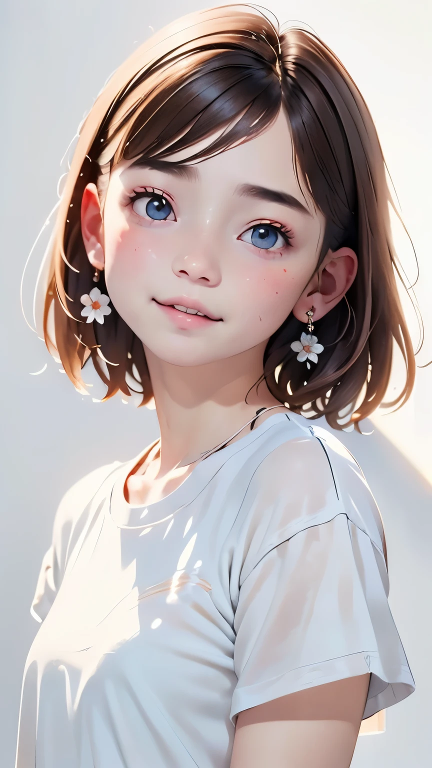 portrait、masterpiece:1.3、one girl、、natural look、very cute、brown hair、short bob、small red earrings、plump lips、no makeup、white t-shirt、focus on the face、最high quality、High resolution、Super detailed、high quality、Detailed details、８ｋ、(((blurred background、white wall、white background、White world、flower illustration、flower illustrationの壁、壁にflower illustration、flower illustrationが描いてある壁、Photo studio:1.5、cinematic lighting、professional photographer)))