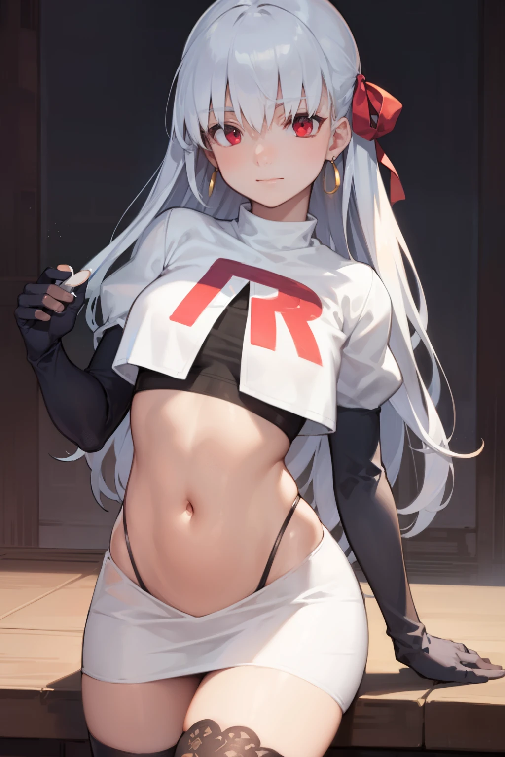 fgokama, kama, hair ribbon, (red eyes:1.5), red ribbon, ribbon, long hair, white hair,
BREAK earrings, jewelry, ring, team rocket,team rocket uniform,white skirt,red letter R,crop top,black thigh-highs,black elbow gloves
BREAK looking at viewer,
BREAK (masterpiece:1.2), best quality, high resolution, unity 8k wallpaper, (illustration:0.8), (beautiful detailed eyes:1.6), extremely detailed face, perfect lighting, extremely detailed CG, (perfect hands, perfect anatomy),
