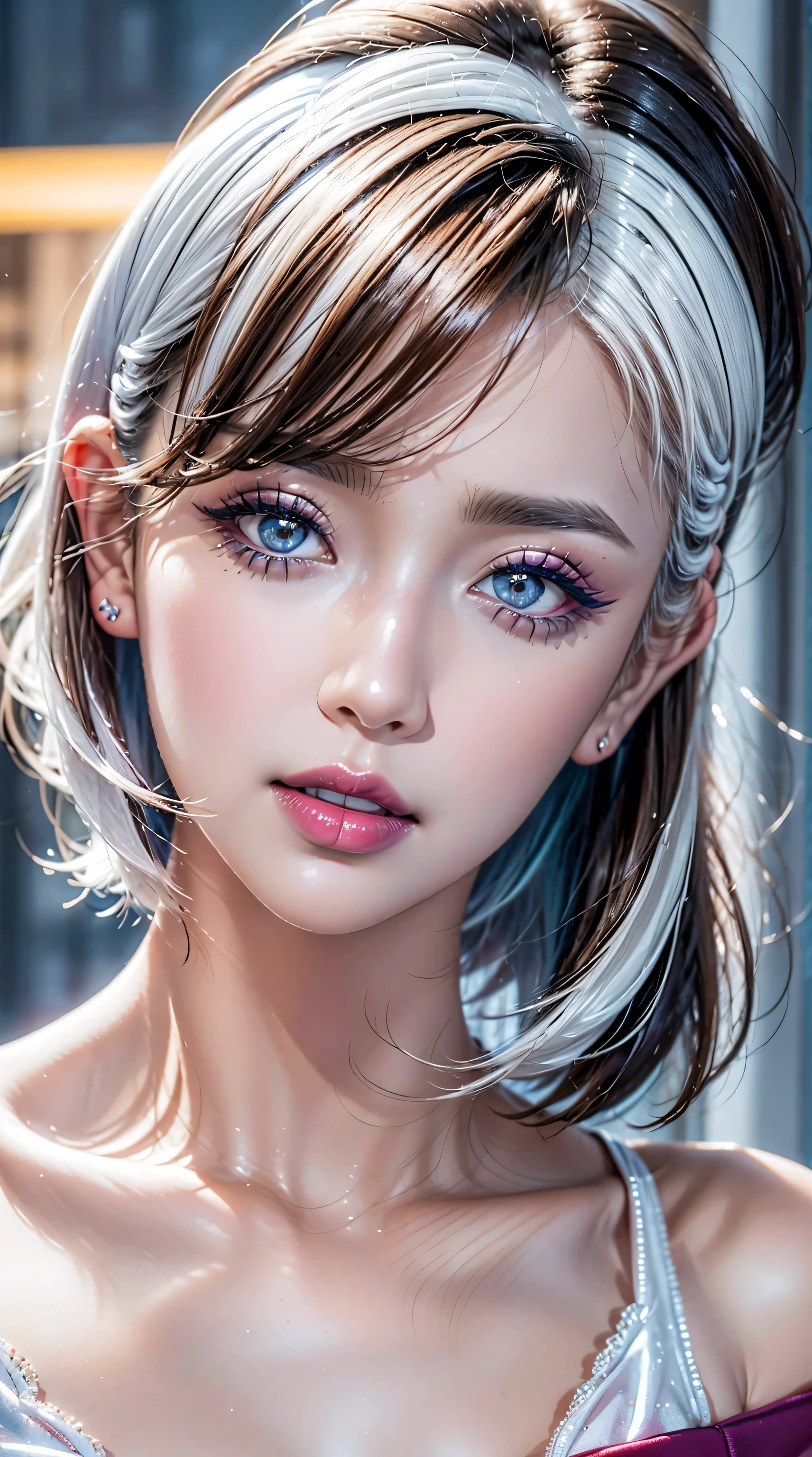 ((perfect round eyes))、dressed, (photo realistic:1.55), (realistic:1.55), (smoother lighting:1.05), (increase cinematic lighting quality:0.9), 32K, 1girl,25yo girl, realistic lighting, backlighting, light on face, ray trace, (brightening light:1.2), (Increase quality:1.17), (best quality real texture skin:1.22), (finely detailed eyes), finely detailed face, (finely quality eyes), (tired and sleepy and satisfied:0.0), ((face closeup:1.1)), (detailed lips:1.33)、(Detailed nose:1.2)、bikini, korean girl, (Increase body line mood:1.1), (Increase skin texture beauty:1.2), (pink_makeup:1.23), (2long_blue_eyeliner:1.3), (red_lipstick:1.35)、there a close up of a woman's (eye with a digital rendering), ((perfect dark_purple_eyeshadows:1.18)), iridescent eyes, with professional makeup, vibrant eyes:1.1, ((Glamour, paparazzi taking pictures of her), (very complicated Extravagant street outfit), The attention to detail, Double eyelids, Wear an off-the-shoulder top, full bodyesbian，(((White short hair:1.43))), ((brown_eyes:1.5)), contrast、 (dark shot:1.2)、 UHD, Extremely detailed, voluminetric warm lighting,