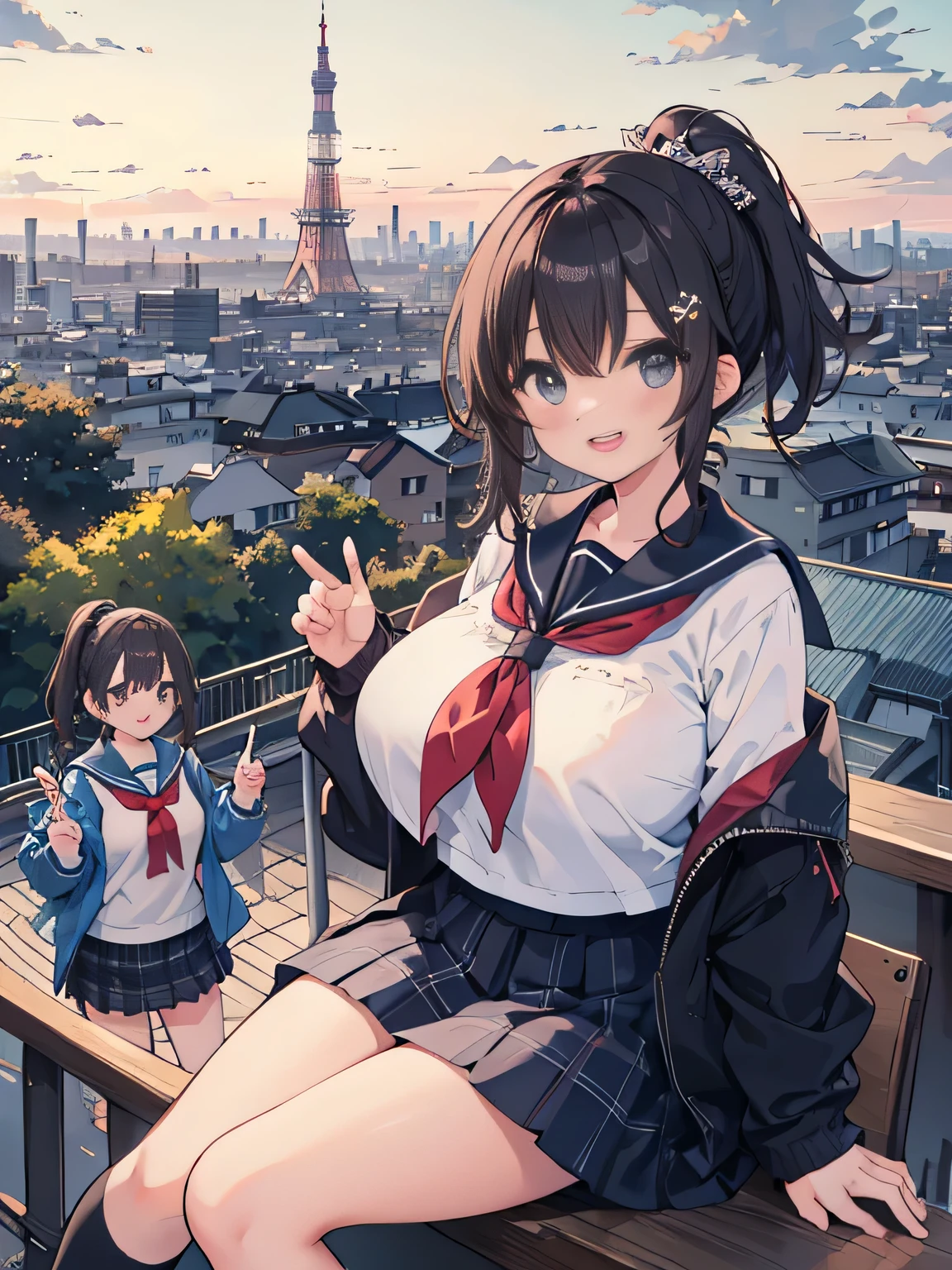 highest quality、High resolution、detailed background、beautiful and detailed face、beautiful and smooth skin、skin texture、professional lighting、Beautiful teenage girl、((three women))、(huge breasts: 1.2)、
short sailor suit、Pleated mini skirt with tartan plaid pattern、side pony、ponytail、cute hairstyle、白いニーhigh socks、high socks、
school trip、laughter、smile、sexual expression、Tokyo Tower、Sky tree、Sensoji Temple、You can also take photos with famous landmarks and symbols of your travel destination.、Take group and individual photos at famous tourist spots、
Enjoy panoramic views、Pose with buildings and landscapes in the background、