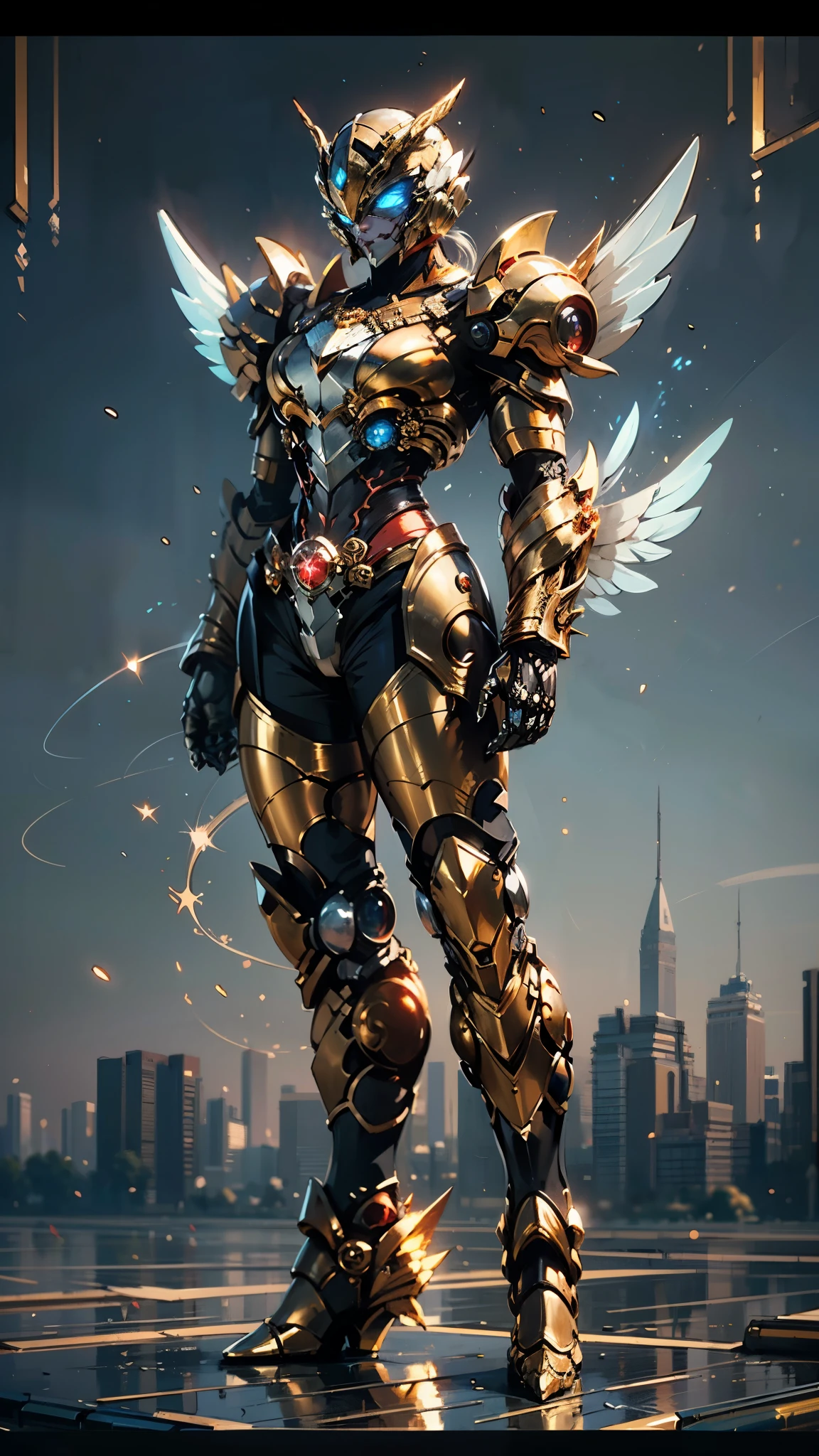 A woman adorned in fantasy-style full-body armor, a crown-concept fully enclosed helmet that unveils only her eyes, a composite layered chest plate, fully encompassing shoulder and hand guards, a lightweight waist armor, form-fitting shin guards, the overall design is heavy-duty yet flexible, (the armor gleams with a golden glow, complemented by red and blue accents), exhibiting a noble aura, she floats above a fantasy-surreal high-tech city, this character embodies a finely crafted fantasy-surreal style armored hero in anime style, exquisite and mature manga art style, (mixture of Queen bee and Spider concept Armor, plasma), ((Element, elegant, goddess, femminine:1.5)), metallic, high definition, best quality, highres, ultra-detailed, ultra-fine painting, extremely delicate, professional, anatomically correct, symmetrical face, extremely detailed eyes and face, high quality eyes, creativity, RAW photo, UHD, 32k, Natural light, cinematic lighting, masterpiece-anatomy-perfect, masterpiece:1.5