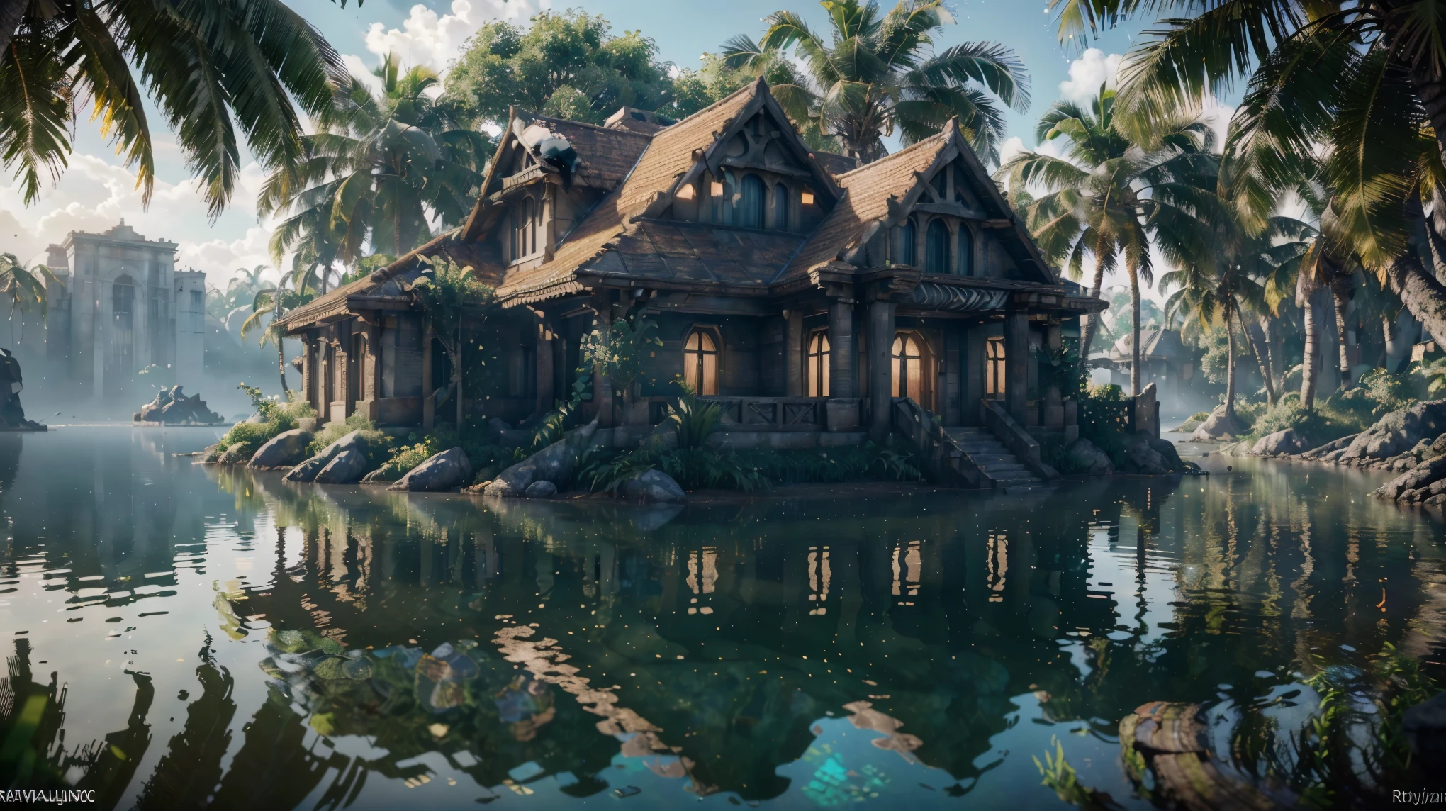 (8k, raw photo, best quality, masterpiece:1.2), (realistic, photo-realistic:1.37), octane render, ultra high res, ultra-detailed , professional lighting, photon mapping, radiosity, physically-based rendering, ue5, ((island sanctuary)), ((ancient fallen kingdom)), ((reflections in water)), ((raytracing)), ((drowned city))