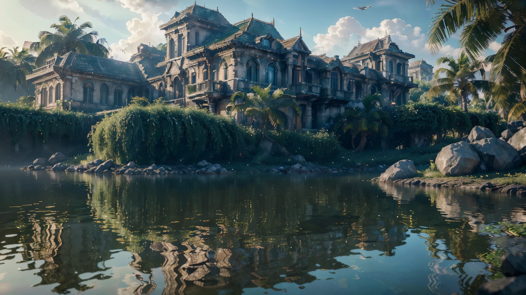 (8k, raw photo, best quality, masterpiece:1.2), (realistic, photo-realistic:1.37), octane render, ultra high res, ultra-detailed , professional lighting, photon mapping, radiosity, physically-based rendering, ue5, ((island sanctuary)), ((ancient fallen kingdom)), ((reflections in water)), ((raytracing)), ((drowned city))