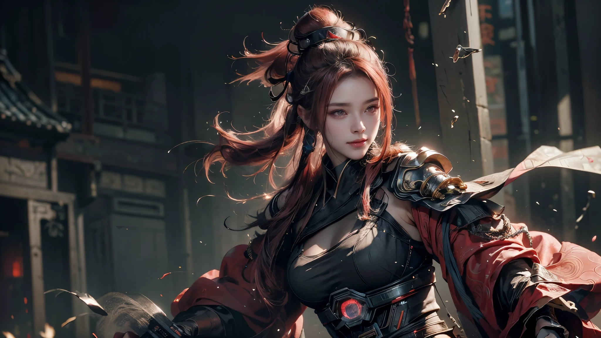 high quality,high resolution,masterpiece,8k,(Hyper-realistic photos),(portrait),digital photography,(Realism:1.4),20 year old girl,Exquisite facial features,purple eyes,red eye shadow,((Cyberpunk style Chinese warrior)),Random hairstyle,(red hair),big breasts,split,(Cyberpunk battle suit that combines science fiction and ancient style,hollow-carved design,Metal shoulder pads,Intricate clothing patterns,bamboo hat),(Show belly button),shut your mouth,frown,Smile,Cold and serious,Extremely meticulous expression,real details,light magic,photo poses,oc render reflection texture