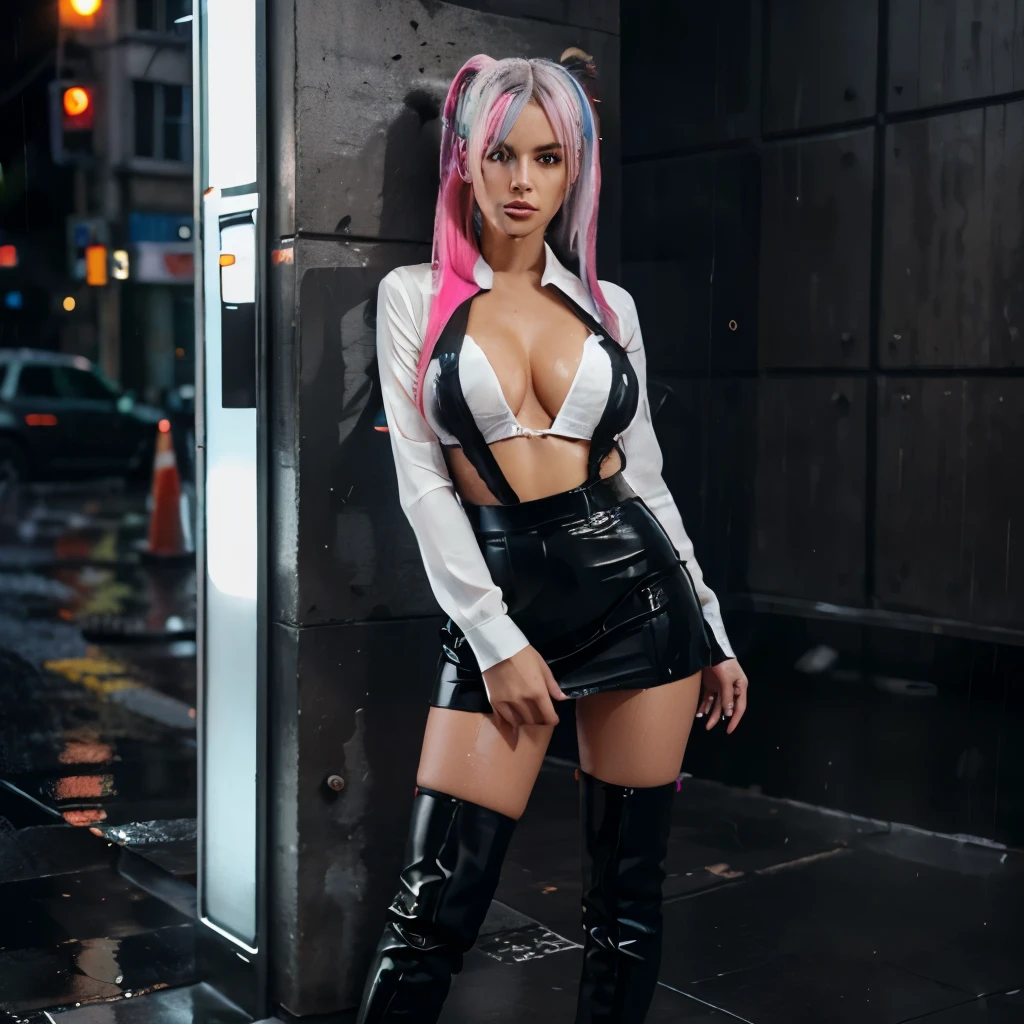 sexy  young woman wearing a black miniskirt, sheer wet white blouse showing cleavage, knee high boots with stiletto heels,  long neon colored hair in ponytails, large glowing eyes, leaning against a wall in the rain, highly textured skin, highly detailed face, hyper realistic, masterpiece, 8k, 3D, 