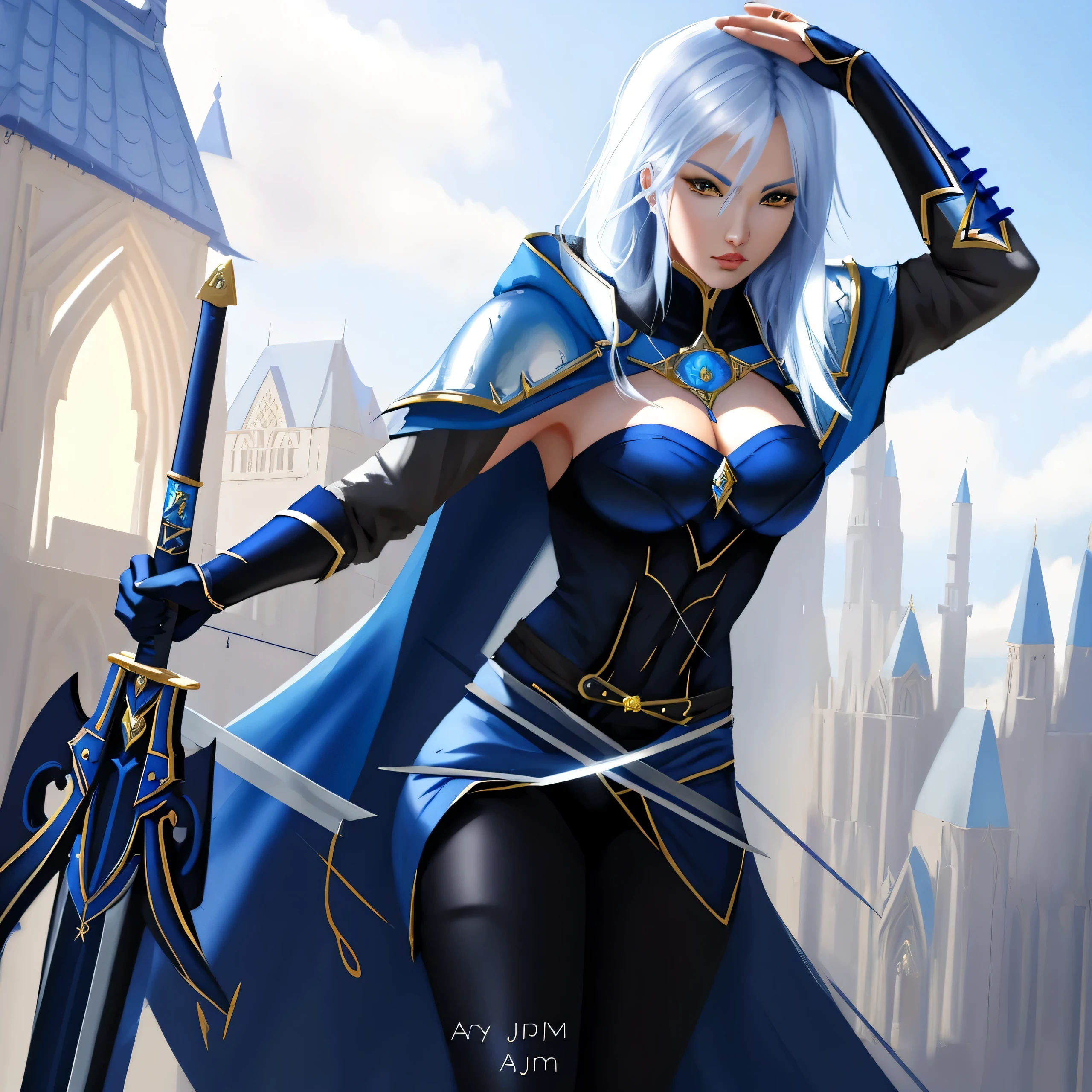 a woman in a blue cape and black outfit holding a sword, ashe, extremely detailed artgerm, style artgerm, trending artgerm, freya, beautiful androgynous prince, by Yang J, ! dream artgerm, style of artgerm, ig model | artgerm, sakimichan frank franzzeta