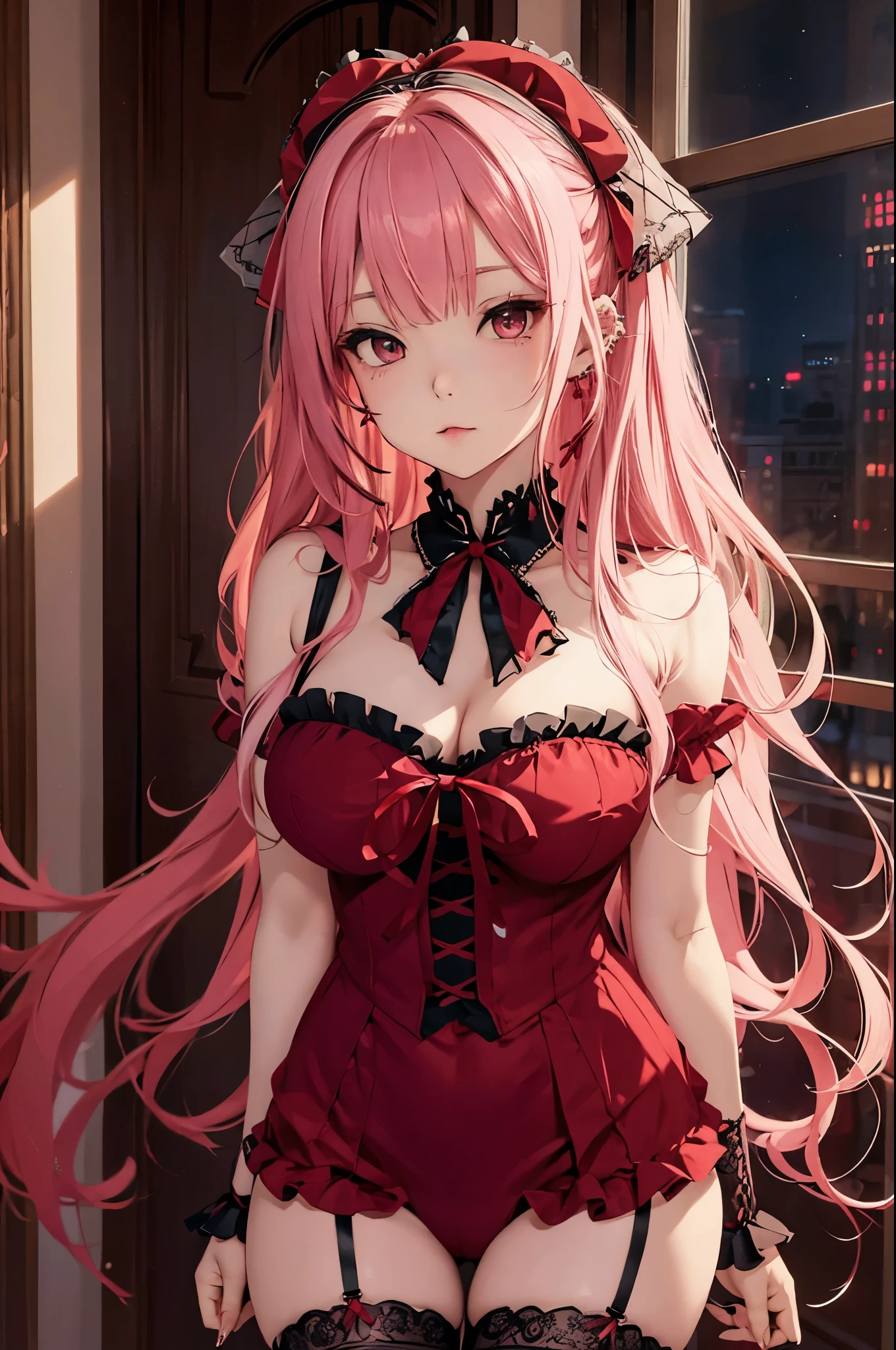 ((best quality)), ((masterpiece)), (detailed), perfect face, perfect budy, 1girl, red long hair, cyan eyes, purple ccamisole, ((see-through)), ((frilly camisole)), Seeing the girl from the front, widows from high hotel show the city in night background