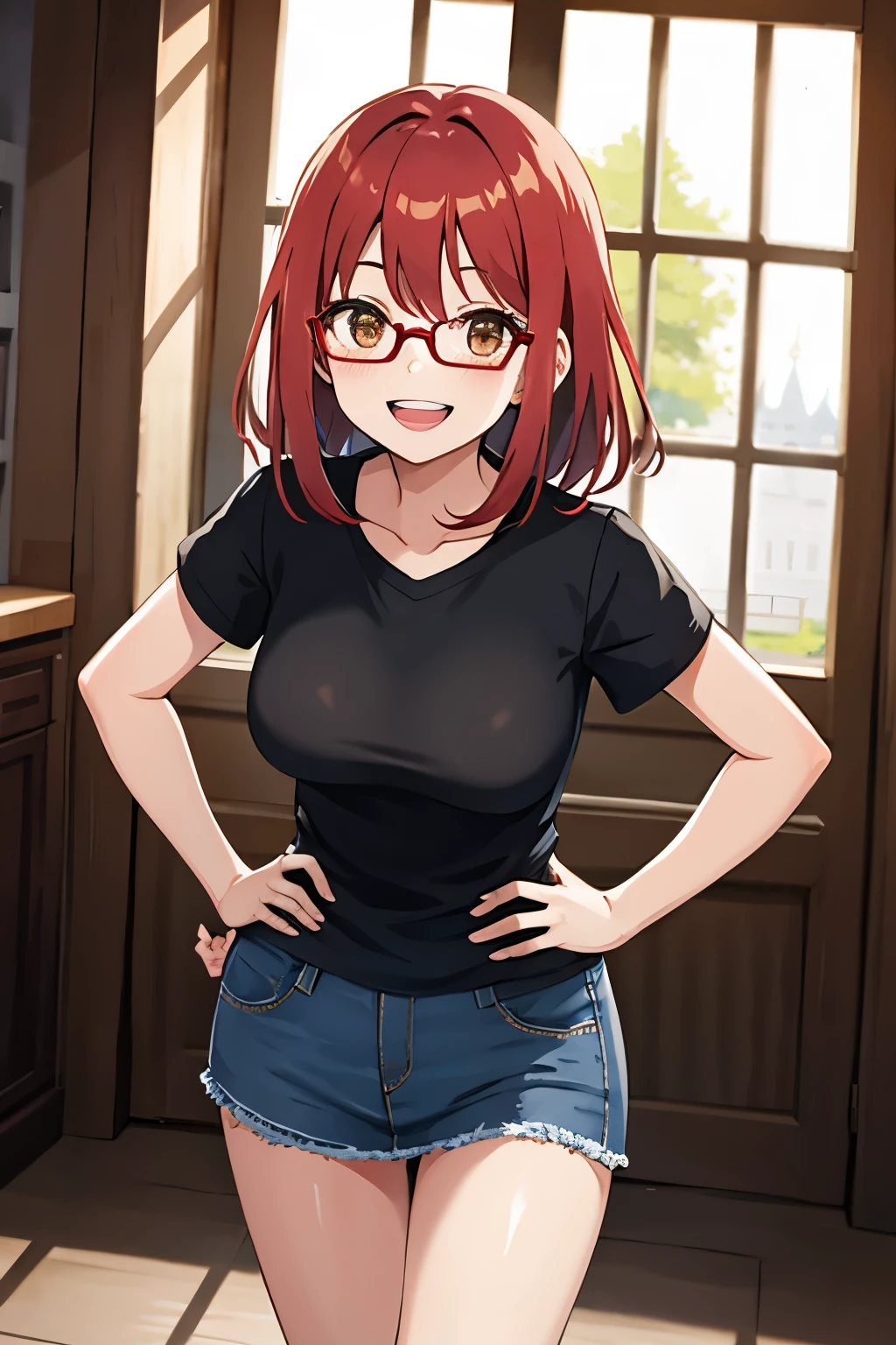 Young girl, red hair, brown eyes, glasses, medium hair, black t-shirt, denim skirt, medium breasts,happy smile,clenched teeth, open mouth, hands on hips, castle, indoor, shining eyes
