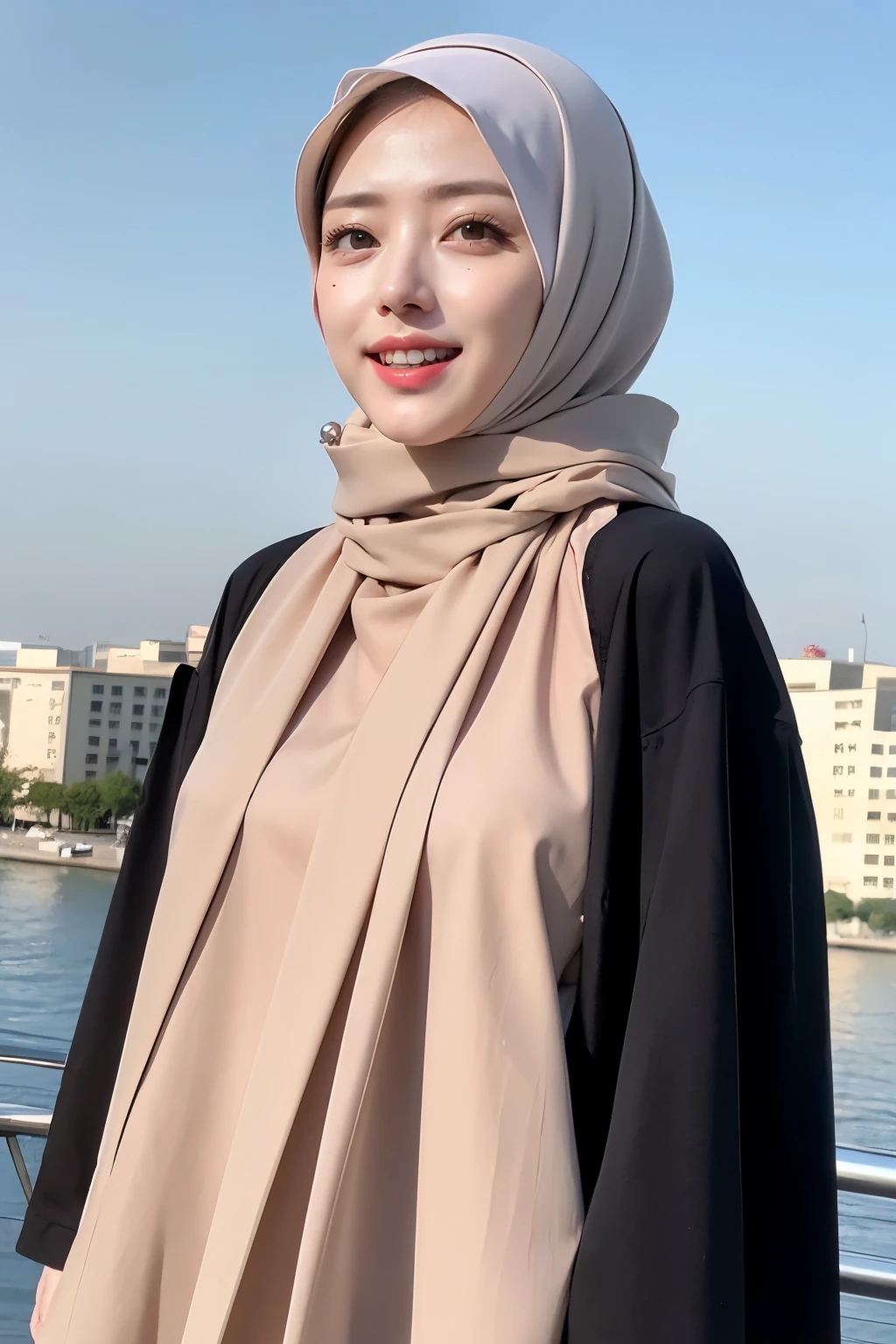 ((Best quality, 8k, Masterpiece :1.37)), (wear hijab girls), girls wear hijab, (taking pictures from face to thighs:1.37), style model, (girls wearing hijab moslem), beautiful face, face bukkake, 18 years old girls, ultra detailed face, ultra detailed body, slim body, lips smile, Beautiful detailed eyes, eyes korean, detailed nose, Natural Lip, ((Lips Smile)), face smile, Wear hijab moslem, fancy jubba thobbe, big breasts, view of the blue sky, Slim Body, realistic face, backround people hijab, wear high heels, heels blsck
