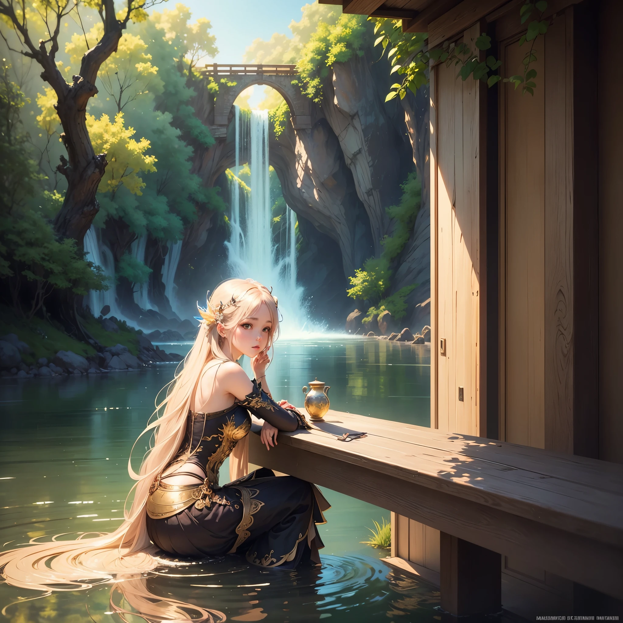 There is a woman sitting gracefully on a weathered wooden bench, surrounded by an enchanting aura. Inspired by the captivating concept art of Ross Tran, this fantasy scene bursts with intricate details. The woman, with long, flowing golden hair, gazes intently at her reflection in the still water before her. Her fairy wings, rendered in exquisite detail by the artgerm and wlop, flutter gently behind her. Pixiv and anime-inspired elements, reminiscent of Sakimichan's design, enhance the whimsical atmosphere. Each line and hue in this painstakingly crafted artwork, brought to life by Wlop