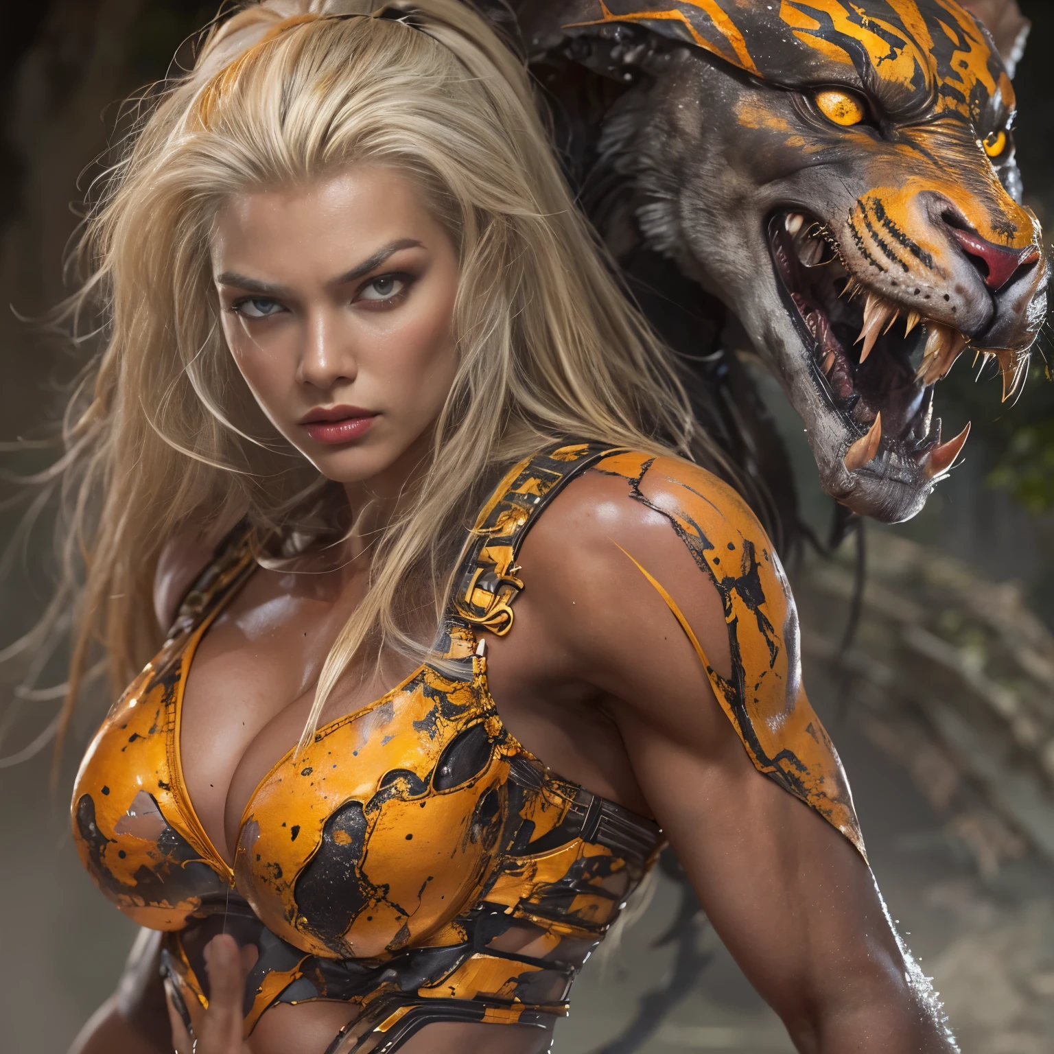 1 female alien, The predator, warrior, (extremely beautiful:1.2), (intense gaze:1.4), (predator:1.1), long dark claws, NSFW,  nipples, thick eyebrows, glowing and shining orange eyes, the most beautiful face in the universe, platinum blonde,

A woman with an extremely beautiful face, her intense gaze fixed on her prey, a primal force that could not be denied.

(extreamly beautiful lean body:1.5), (ultra muscular build:1.2), (prowling:1.3), (sleek movements:1.4),

Her beautiful body, muscular and toned, moved with sleek grace as she prowled, ready to strike at a moment's notice. The predator within her was always on