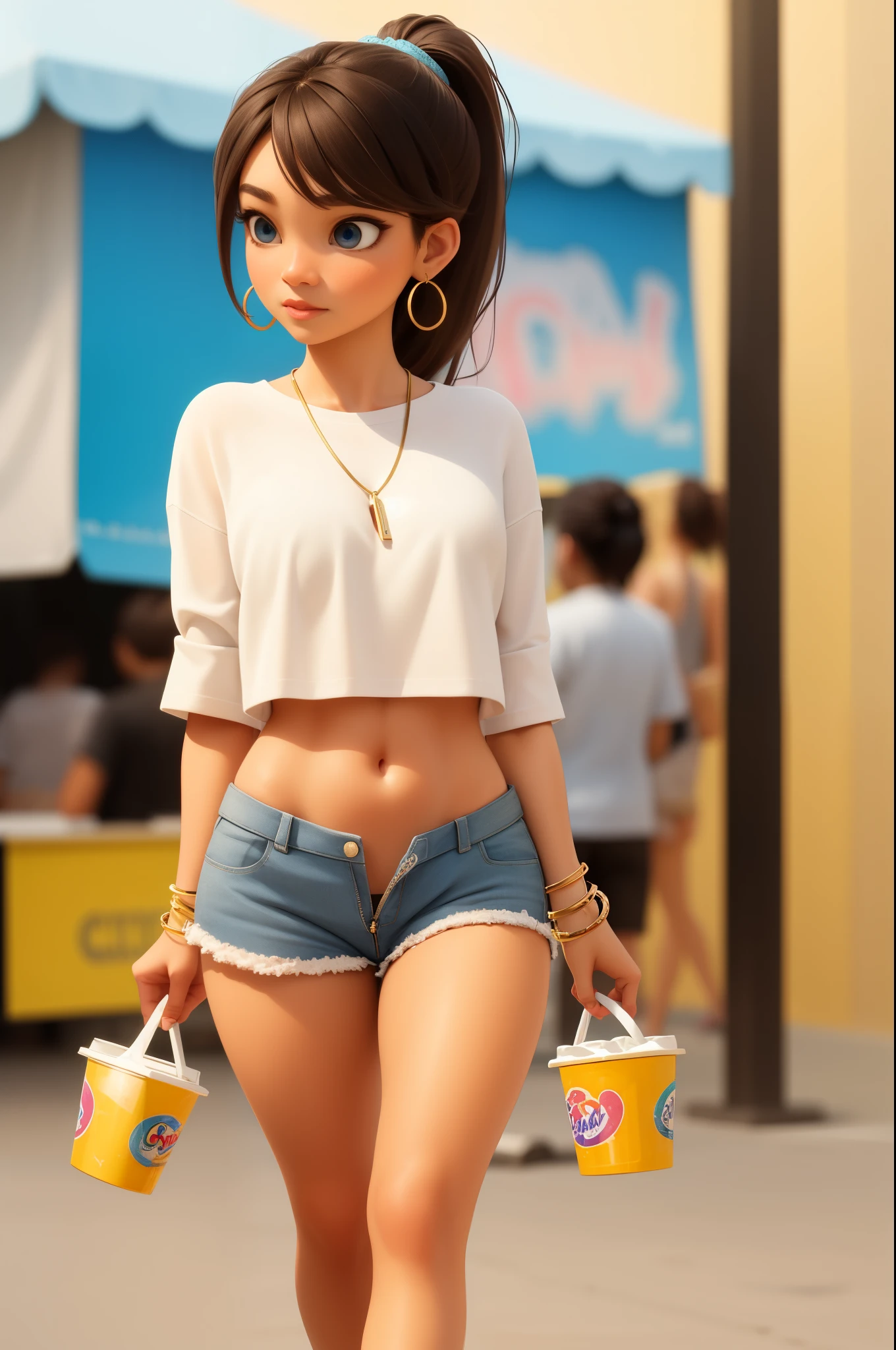 sexy female, brown hair, blue eyes, ponytail, crop top, unzipped short shorts, PANTIES, bracelet, earrings, golden necklace, walking at a carnival