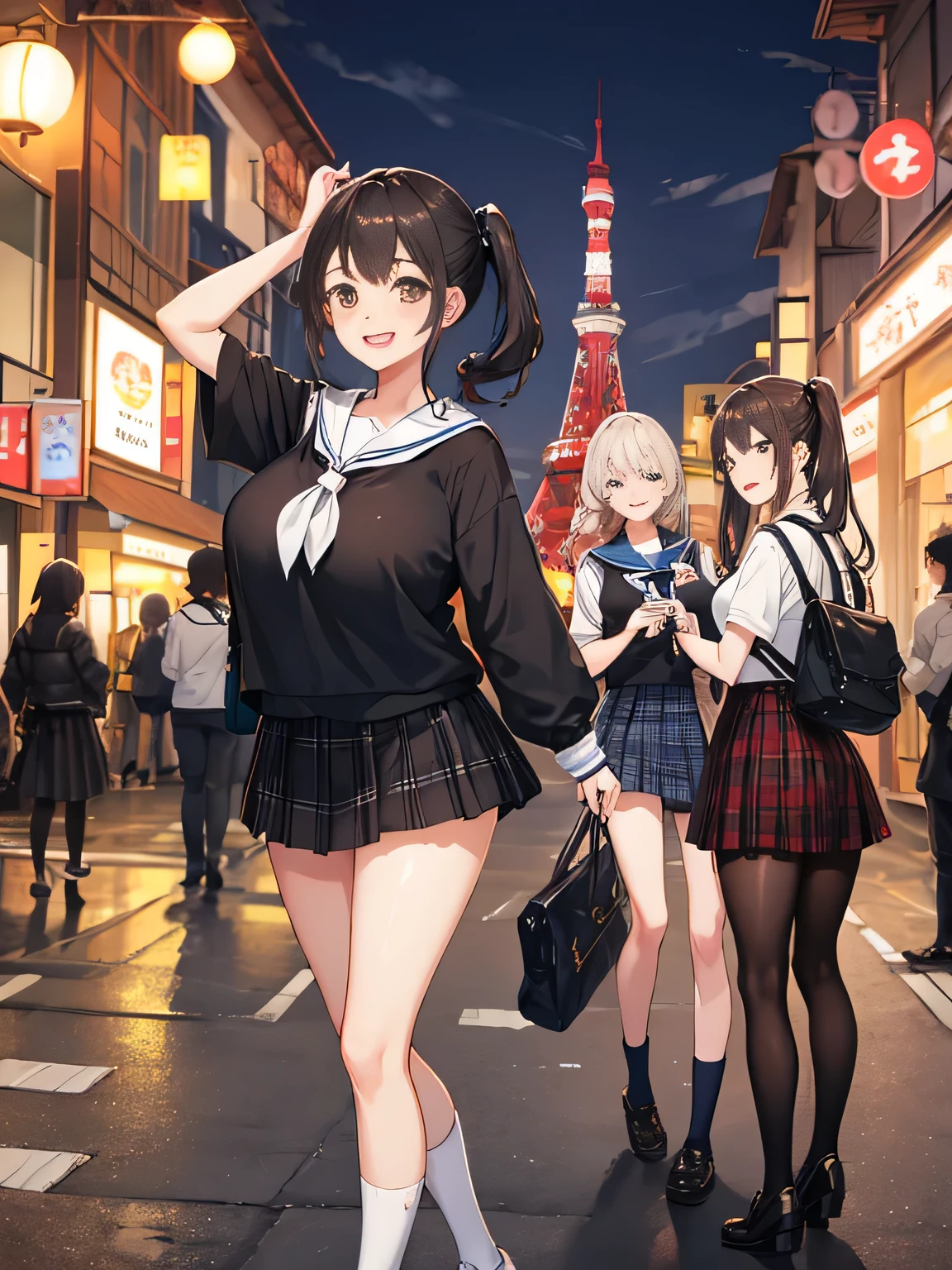 highest quality、High resolution、detailed background、beautiful and detailed face、beautiful and smooth skin、skin texture、professional lighting、Beautiful girl、((three women))、(huge breasts: 1.2)、
short sailor suit、Pleated mini skirt with tartan plaid pattern、side pony、ponytail、cute hairstyle、白いニーhigh socks、high socks、
school trip、laughter、smile、sexual expression、Tokyo Tower、Sky tree、Sensoji Temple、You can also take photos with famous landmarks and symbols of your travel destination.、Take group and individual photos at famous tourist spots、
Enjoy panoramic views、Pose with buildings and landscapes in the background、
