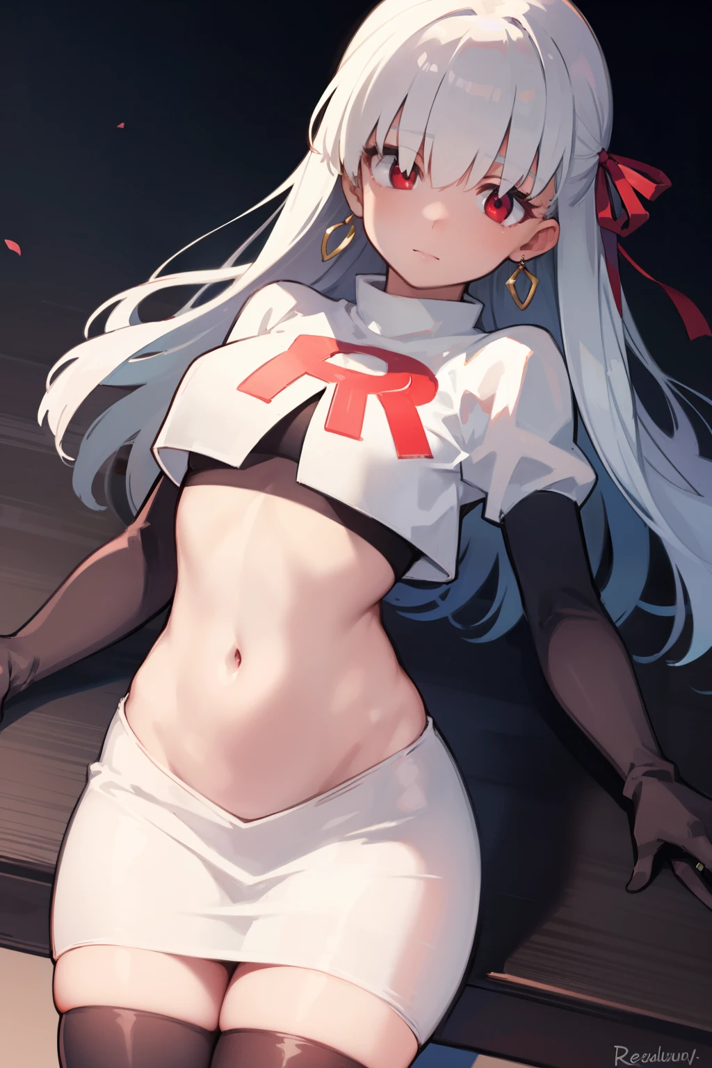 fgokama, kama, hair ribbon, (red eyes:1.5), red ribbon, ribbon, long hair, white hair,
BREAK earrings, jewelry, ring, team rocket,team rocket uniform,white skirt,red letter R,crop top,black thigh-highs,black elbow gloves
BREAK looking at viewer,
BREAK (masterpiece:1.2), best quality, high resolution, unity 8k wallpaper, (illustration:0.8), (beautiful detailed eyes:1.6), extremely detailed face, perfect lighting, extremely detailed CG, (perfect hands, perfect anatomy),