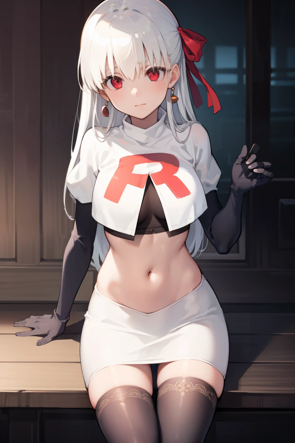 fgokama, kama, hair ribbon, (red eyes:1.5), red ribbon, ribbon, long hair, white hair,
BREAK earrings, jewelry, ring, team rocket,team rocket uniform,white skirt,red letter R,crop top,black thigh-highs,black elbow gloves
BREAK looking at viewer,
BREAK (masterpiece:1.2), best quality, high resolution, unity 8k wallpaper, (illustration:0.8), (beautiful detailed eyes:1.6), extremely detailed face, perfect lighting, extremely detailed CG, (perfect hands, perfect anatomy),