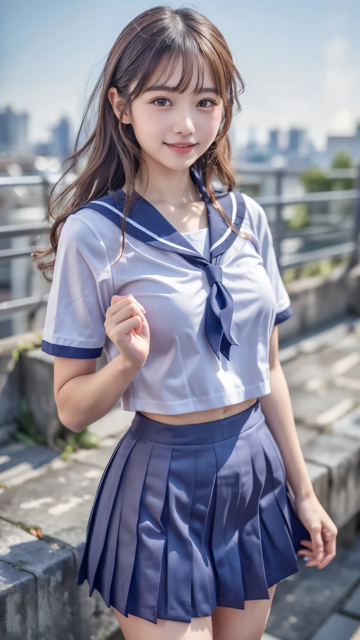 (best quality, 8k, 32k, masterpiece, UHD:1.2), (RAW photo), (realistic), (photorealistic:1.2), (high resolution), huge filesize, ultra-detailed, extremely beautiful face & eyes, 1girl, japanese ,14yo, 13yo, 12yo, round s face,y facein waist, large breasts,portions, thin thighs, (darkblue pleated mini skirt, japanese sailor, sailor fuku, serafuku, japanese school sailor suit), nice hands, perfect hands, accurate hand depiction, perfect thumb & fingers, sweaty, shy smile, pure white teeth, from below,,