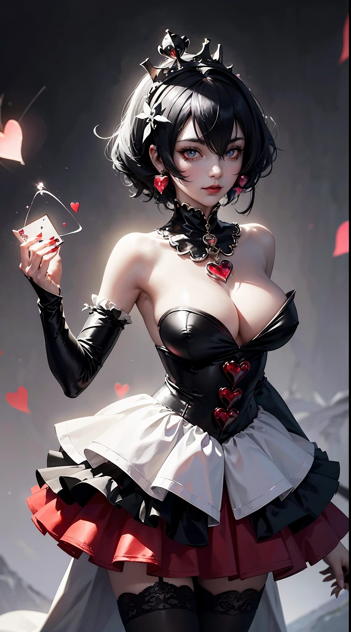 beautiful queen jester, Mixture black and white hair, Eye pupils in the shape of love, jester dress, jester crown, card magic aura around her, clover and love card particles are red, red aura like water, HD lighting and dark )<=(epic image quality)dark atmosphere with bright particle light(many effects in background