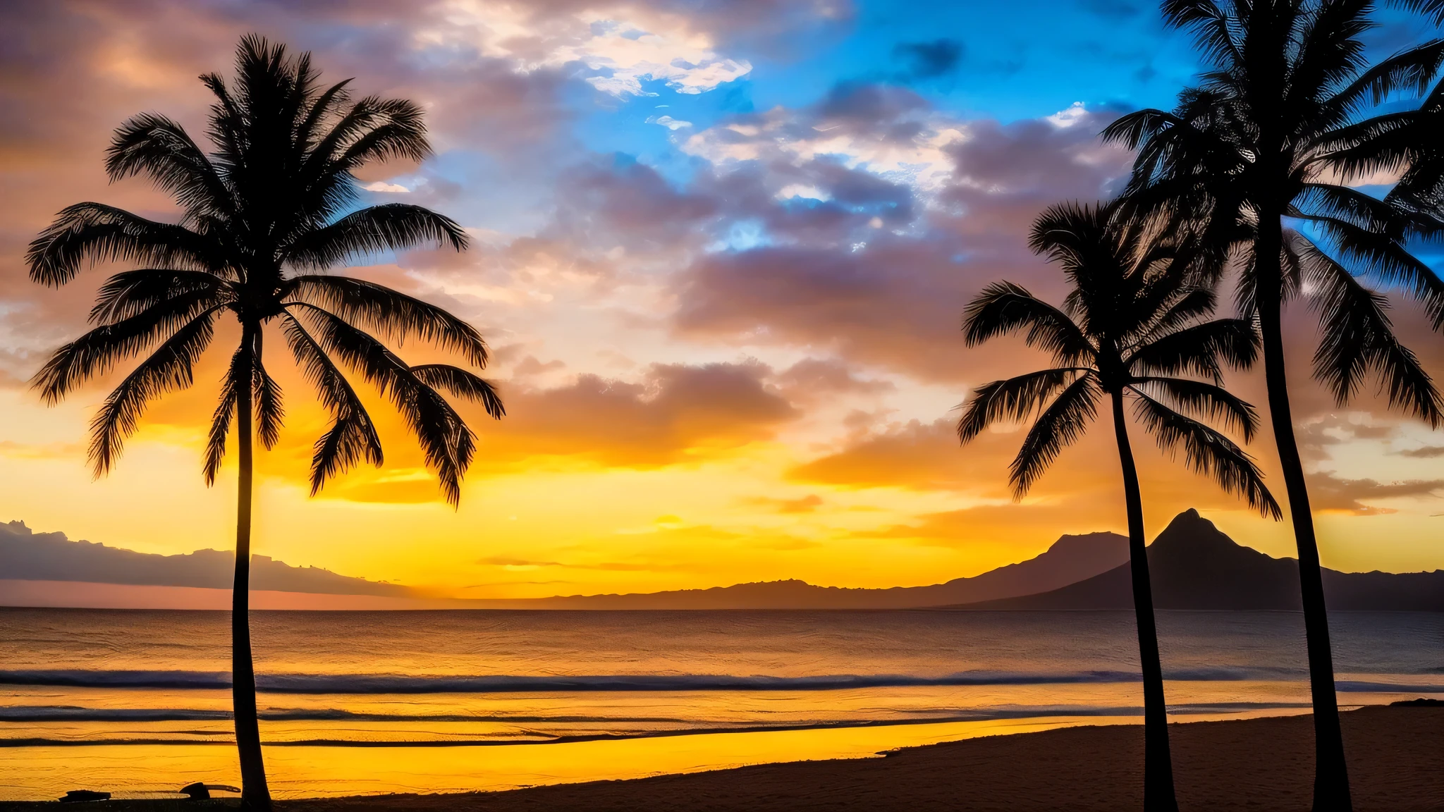 palm trees and distant mountains々beach with a view of, Hawaii, Hawaii beach, paradise in the background, waikiki beach, trip, at sunrise, Palm tree James Gurney, waikiki beach skyline, tropical landscape, sunrise, warm glow, summer setting, big, sunset, sunset sunrise, Tropical paradise, sunset, sunsetの眺め, morning sunrise