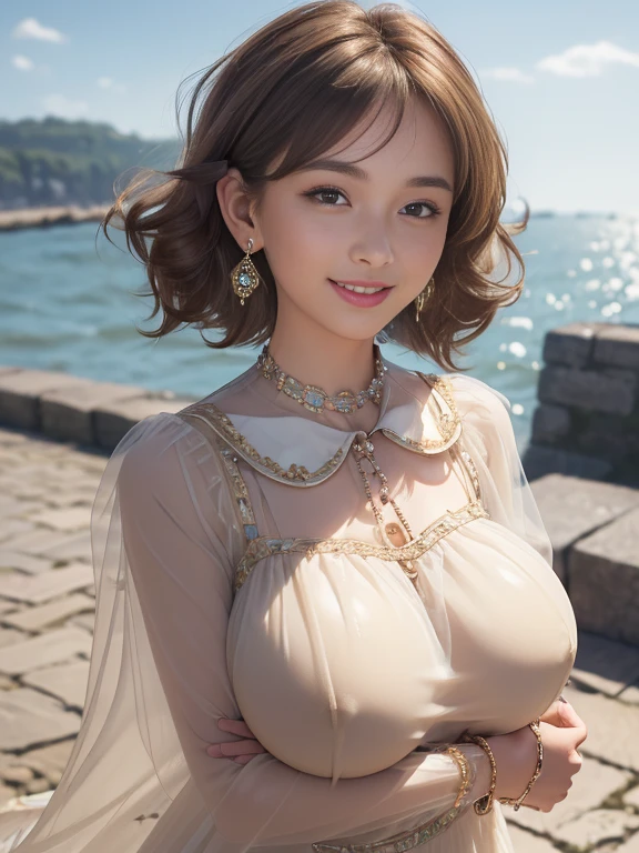 ((masterpiece)),((best quality)),((ultra-detailed)), , (huge breast:1.5),1girl,(wind:1.5),(smile:1.2), (short wavy hair:1.2),(light brown hair:1.2) , (seaside cobblestone:1.2) (transparent dress:1.2),bangs ((lots of earrings:1.5)),(lots of collars:1.3),((ear piercing:1.5)),,extremely detailed CG unity 8k wallpaper