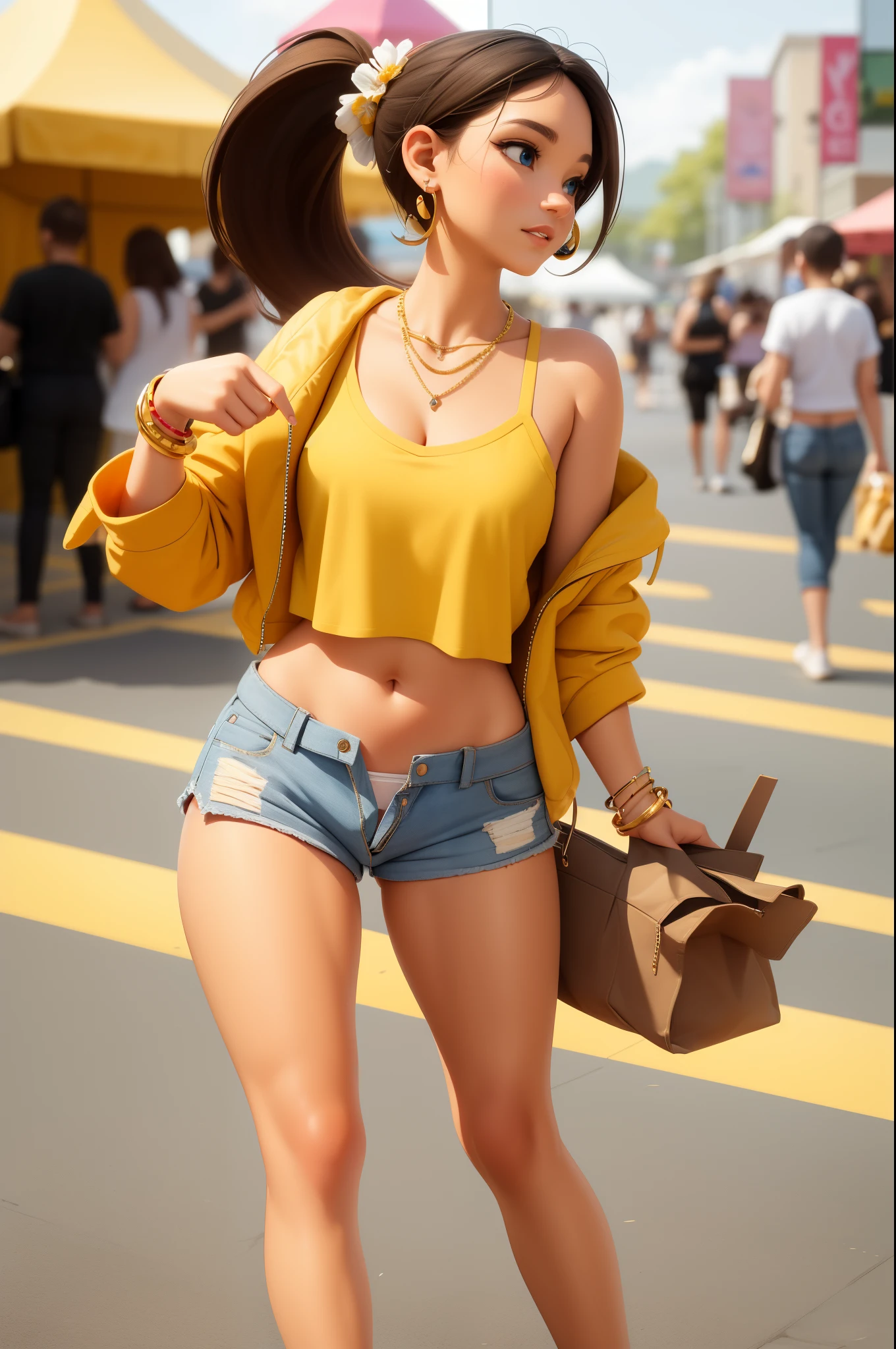 sexy female, brown hair, blue eyes, ponytail, crop top, unzipped short shorts, PANTIES, bracelet, earrings, golden necklace, walking at a carnival