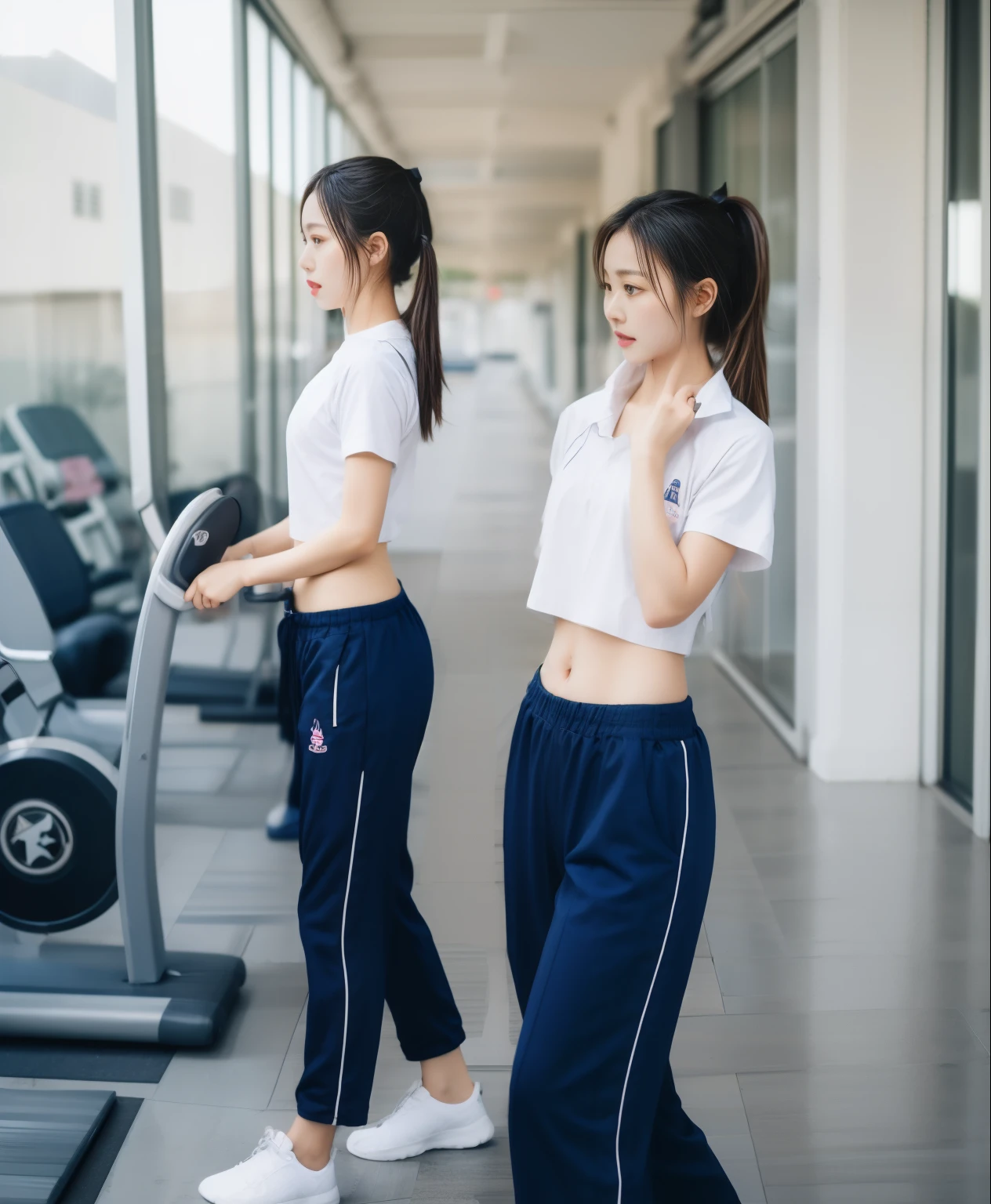3 girls in fitness center, Blue short sleeve shirt,Sweatpantsขายาวสีกรมท่า,Sweatpants, Sweatpantsขายาว,25 year old girl, lesbian, sexy, exercise clothes, wet body, exercise clothes