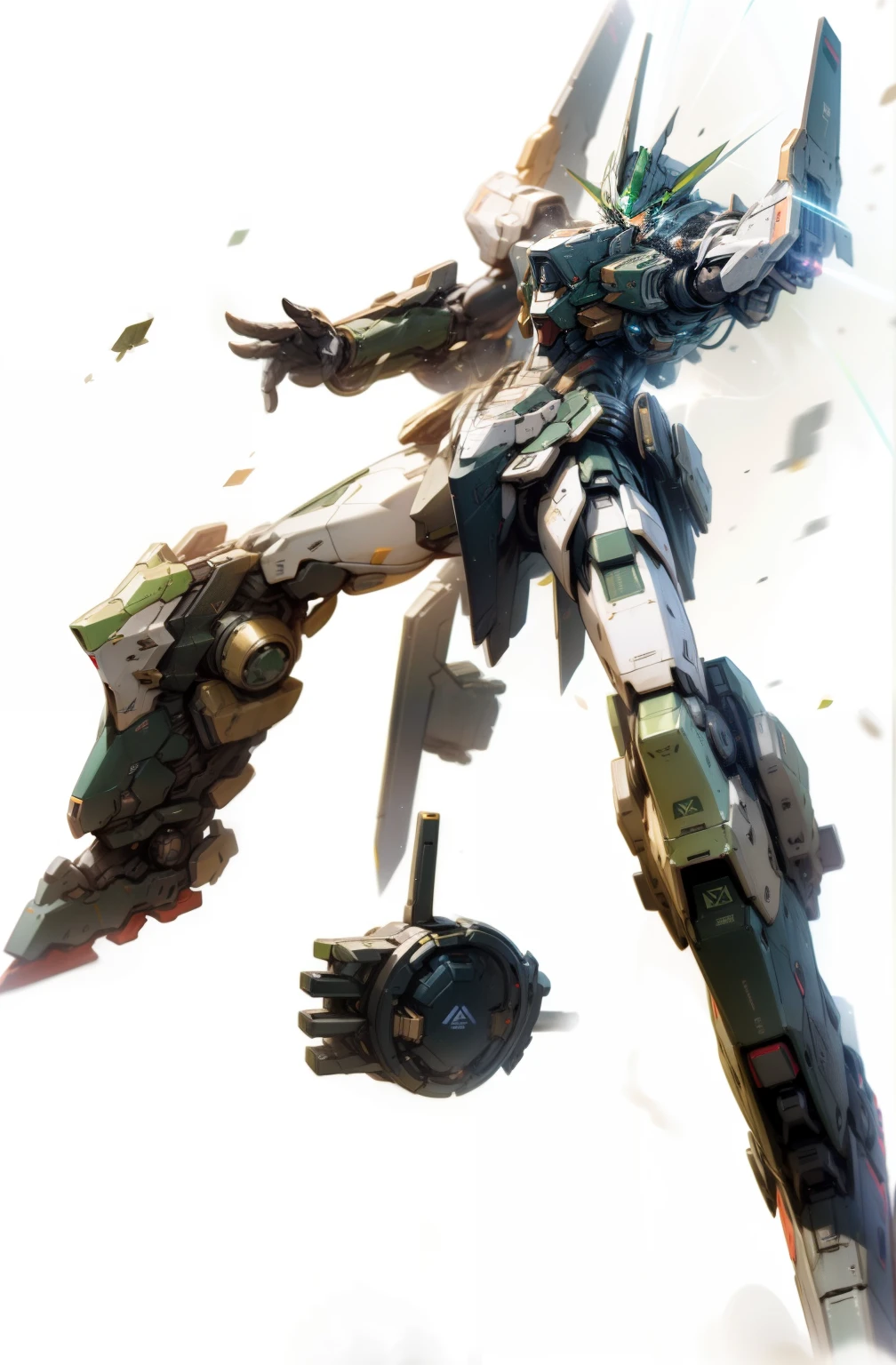 ((highest quality)), ((master works)), (very detailed: 1.3), 8k, cool picture, Full of SF atmosphere, green mecha looking up sideways at the sky, green, gilded green, have a sword, scattered swords, streamlined green armor, Complex weapons and equipment behind it, Humanoid Mecha「gundam」, anime mecha aesthetics, perfect body proportions, head up view, standing posture, huge military mecha, missile, rock, futuristic technology, realism, Dark clouds in the sky, dark war background, ray tracing, particles of light, NVIDIA Trtx, super resolution, unreal 5, Scattered beneath the surface, Specular mapping and albedo mapping, Rule of thirds, Large Diameter, combat readiness, 8k Raw Data, High efficiency subpixel, subpixel convolution, particles of light, light scattered, Tyndall effect, ray tracing.