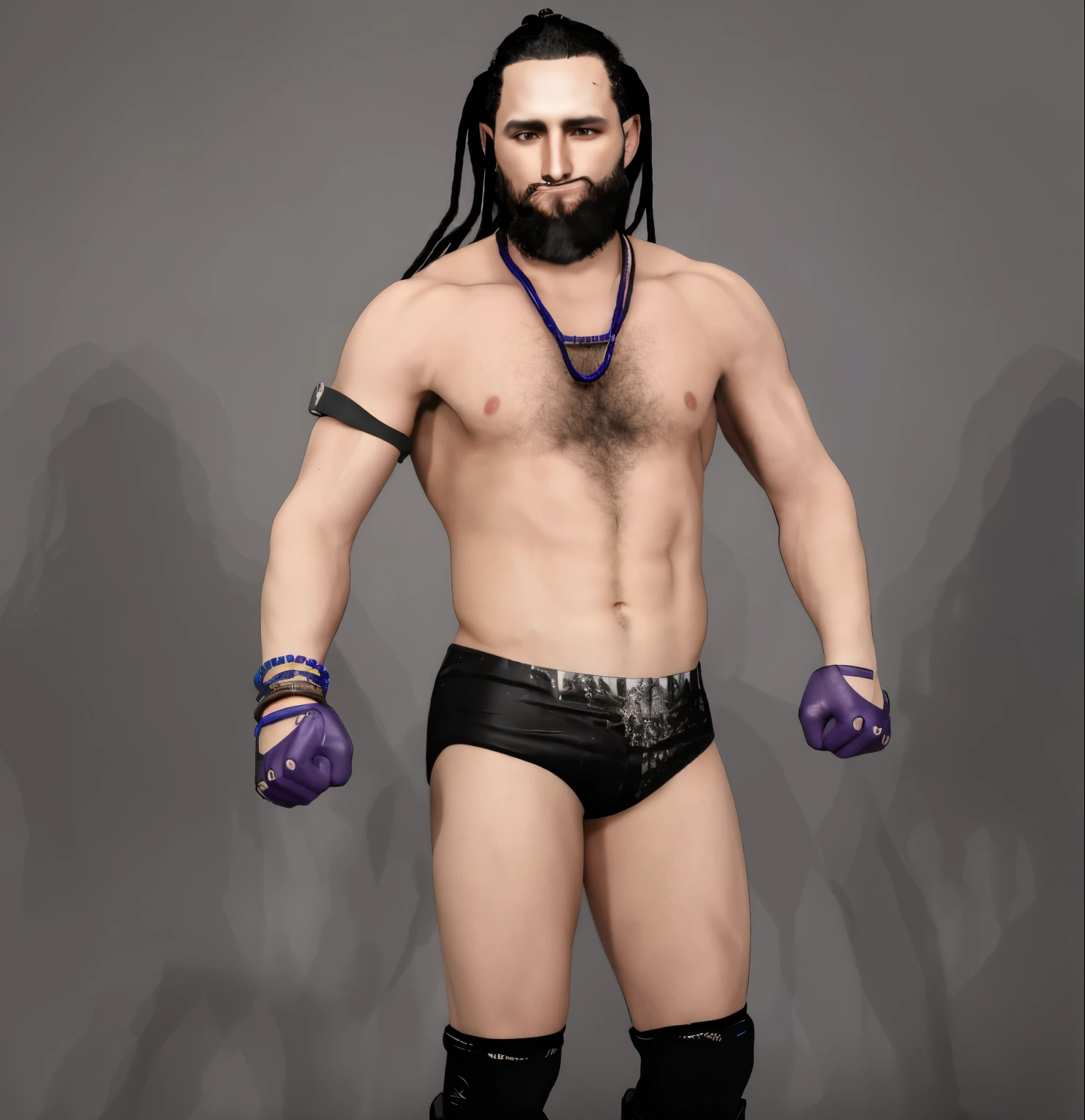 ((masterpiece, best quality))Half-Asian/Half-Caucasian man, long dark purple hair, tattoo of a skull with spider legs on his left chest, dark purple wristbands, long tights with dark purple dragon scales and white skulls, small black kneepads, wearing dark purple and black face-paint, wrestling kickpad boots with Japanese lettering on the front of one of them, photo realistic, intricate details
