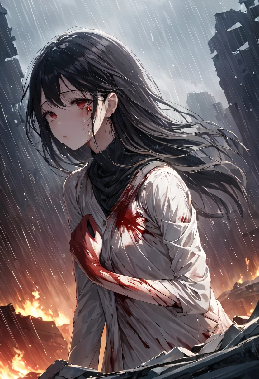 on the ruins of war,A girl stands alone,Let the cold wind and ice rain hit her body。Her eyes are empty and desperate,I seem to have lost all hope in life。 Surrounded by desolate ruins,The once bustling city is now nothing but ruins。The traces of the flames are still clearly visible,The air smells of burning and destruction..。distance,Occasionally sporadic gunshots and explosions can be heard,Remind her of the cruelty and ruthlessness of war。 her rags,Covered in dust and blood。Her black hair was wet from the rain,close to her cheek,Blocking her sight one by one。her lips lost their color,Only endless paleness and trembling remain。 her hands clasped tightly,Knuckles turn white due to excessive exertion。her shoulders trembled,not because of the cold,But because of the despair and helplessness in my heart。There are no tears in her eyes,Because all the tears have been drained long ago。 Rain and tears merge into one,slipped from her cheek,leave traces of sadness。She closed her eyes,Let the cold wind and rain hit her body,仿佛这有able力的让她忘记心中的痛苦和绝望。 This ruin is her world,War is everything to her。She feels like an abandoned bird,有able力的'able'Can't find a warm nest。The despair in her heart enveloped her like a dark night,Let her never see bright hope again。