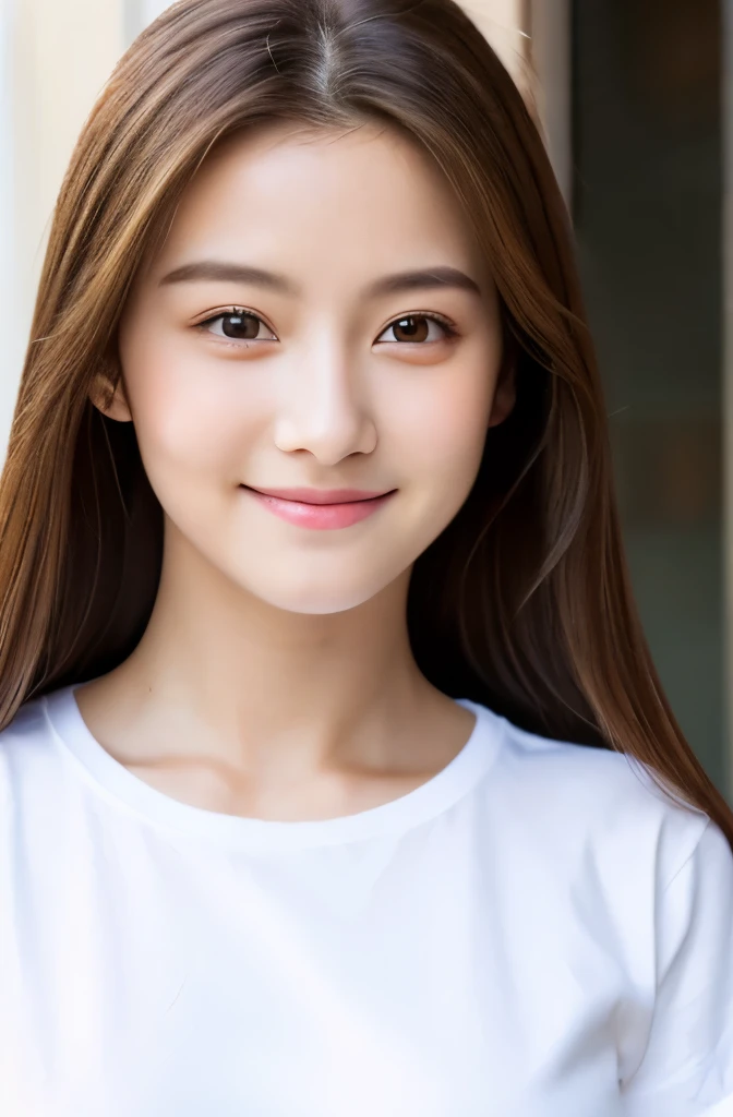 highest quality, masterpiece, (realistic:1.4), 1 girl, smiling eyes, (Ulchan-6500-v1.1:1.0), brown hair, black eye, 18-year-old, Beautiful woman, actress, white t-shirt, straight hair, , white t-shirt, face forward