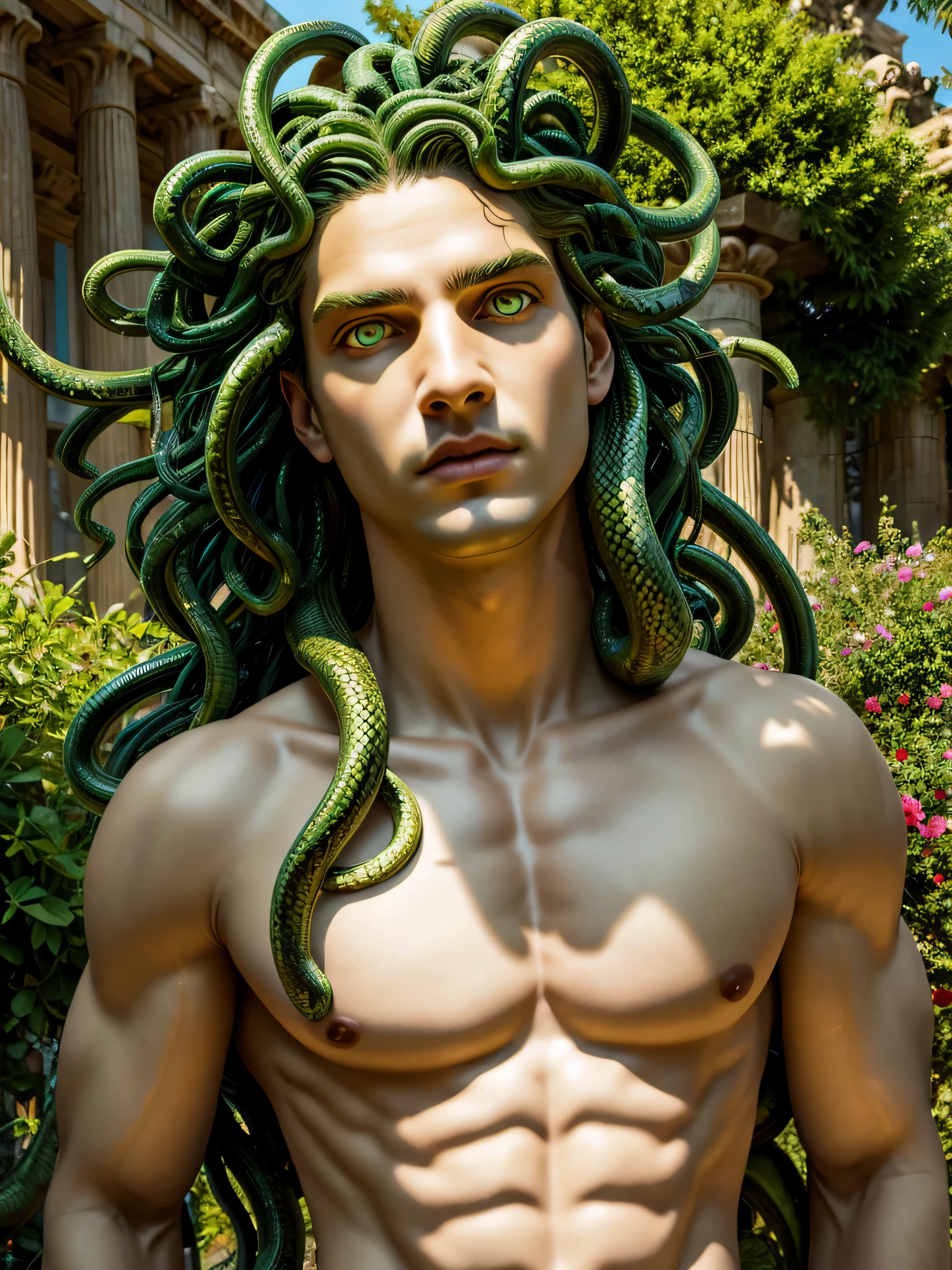 (photorealistic, masterpiece, best quality, 4k), A scene depicting ((a male version of Medusa, snakes for hair with a handsome face and glowing eyes)) amongst a garden of male statues, the statues have expressions of fear and shock, mythological greek setting and architecture, ancient Greece, fantastical aura. Created using: high-resolution digital camera, realistic textures, dynamic outdoor lighting, vibrant colors, sharp focus, intricate details, atmospheric effects, depth of field to emphasize the subjects