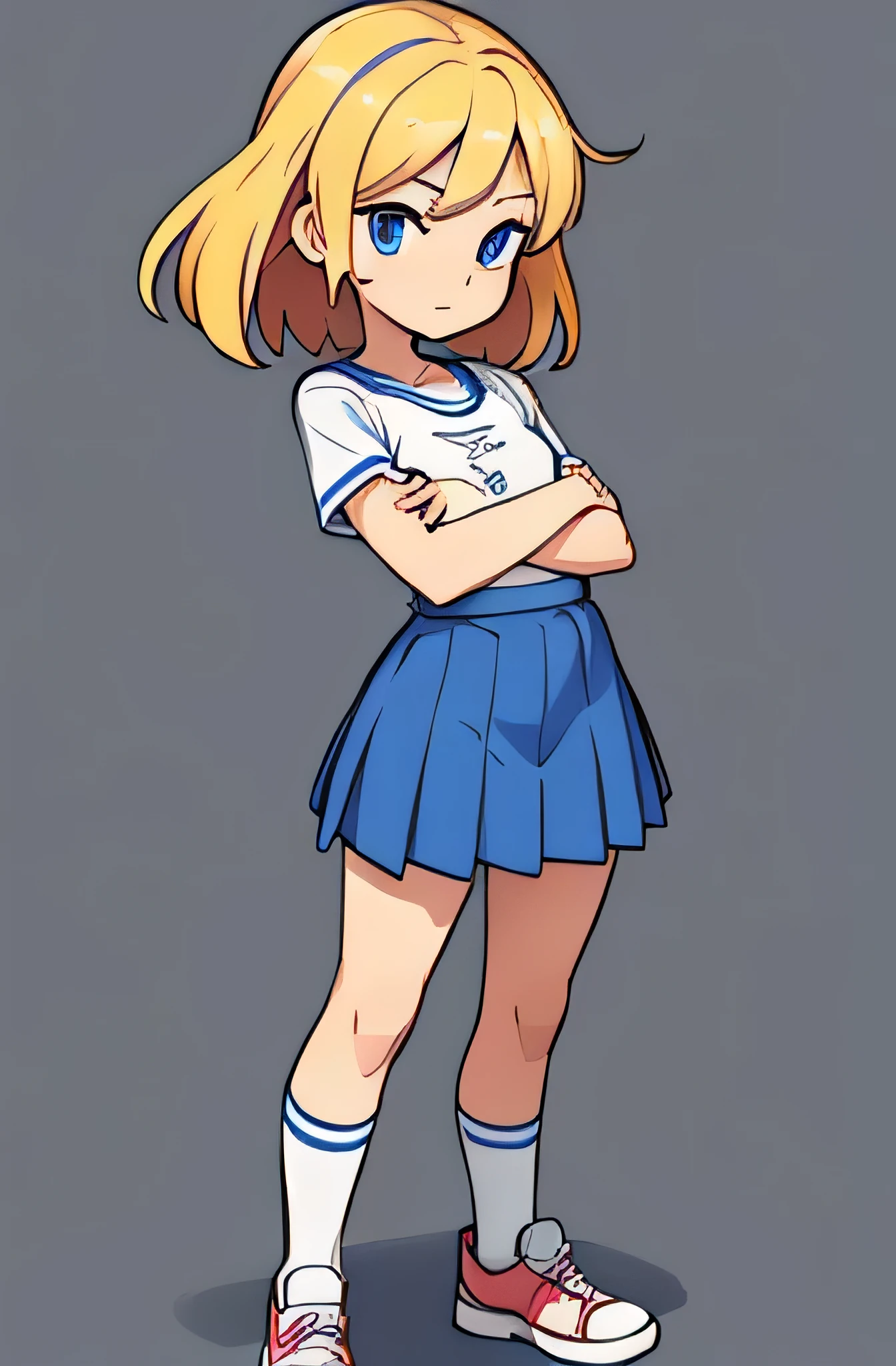 ((intro photo of the character Aline)), de 10 anos, Ela tem longos cabelos loiros claros, grandes olhos azuis, ((rosto muito expressivo)), (((Muito bonitinho))), ((pequena estatura) ), ela usa uma saia escolar azul e uma camiseta amarela e vermelha, white socks and red sneakers, (((personagem feminina))), ((cores vivas)), (((desenho de corpo inteiro, sem cortes))), ((children's comic book character)), (((A single drawing))), (((well-marked and defined features in black))), sem sombra, ((((fundo branco)))), (golpes infantis, as if it were made by hand), 2D drawing type of strokes like DESENHO ANIMADO, DESENHO ANIMADO. ((The character Aline is speaking with her arms crossed and looking straight ahead)).