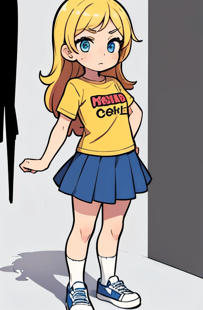 ((character introduction photo Aline)), girl, she has long light blonde hair, big blue eyes, ((very expressive face)), (((very cute))), ((small stature) ), she wears a blue school skirt and a yellow and red t-shirt, white socks and red sneakers, (((female character))), ((Vivid colors)), (((Full body drawing, uncut))), ((character for a children's comic book)), (((a single drawing))), (((well-marked and defined features in black))), without shadow, ((((white background)))), (childish strokes, as if it were done by hand), 2D drawing type of strokes like cartoon, cartoon. ((The character Aline is talking with her arms crossed and facing forward)).