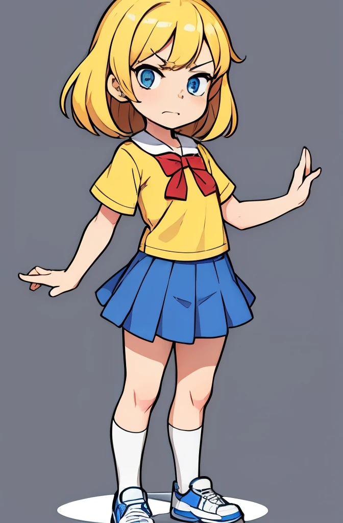 ((character introduction photo Aline)), girl, she has long light blonde hair, big blue eyes, ((very expressive face)), (((very cute))), ((small stature) ), she wears a blue school skirt and a yellow and red t-shirt, white socks and red sneakers, (((female character))), ((Vivid colors)), (((Full body drawing, uncut))), ((character for a children's comic book)), (((a single drawing))), (((well-marked and defined features in black))), without shadow, ((((white background)))), (childish strokes, as if it were done by hand), 2D drawing type of strokes like cartoon, cartoon. ((The character Aline is very angry)).