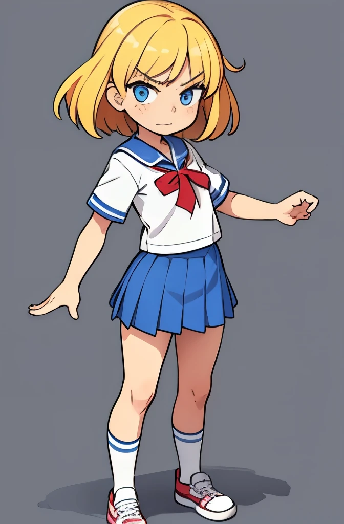 ((character introduction photo Aline)), 10 year old girl, she has long light blonde hair, big blue eyes, ((very expressive face)), (((very cute))), ((small stature) ), she wears a blue school skirt and a yellow and red t-shirt, white socks and red sneakers, (((female character))), ((Vivid colors)), (((Full body drawing, uncut))), ((character for a children's comic book)), (((a single drawing))), (((well-marked and defined features in black))), without shadow, ((((white background)))), (childish strokes, as if it were done by hand), 2D drawing type of strokes like cartoon, cartoon. ((The character Aline is very angry)).