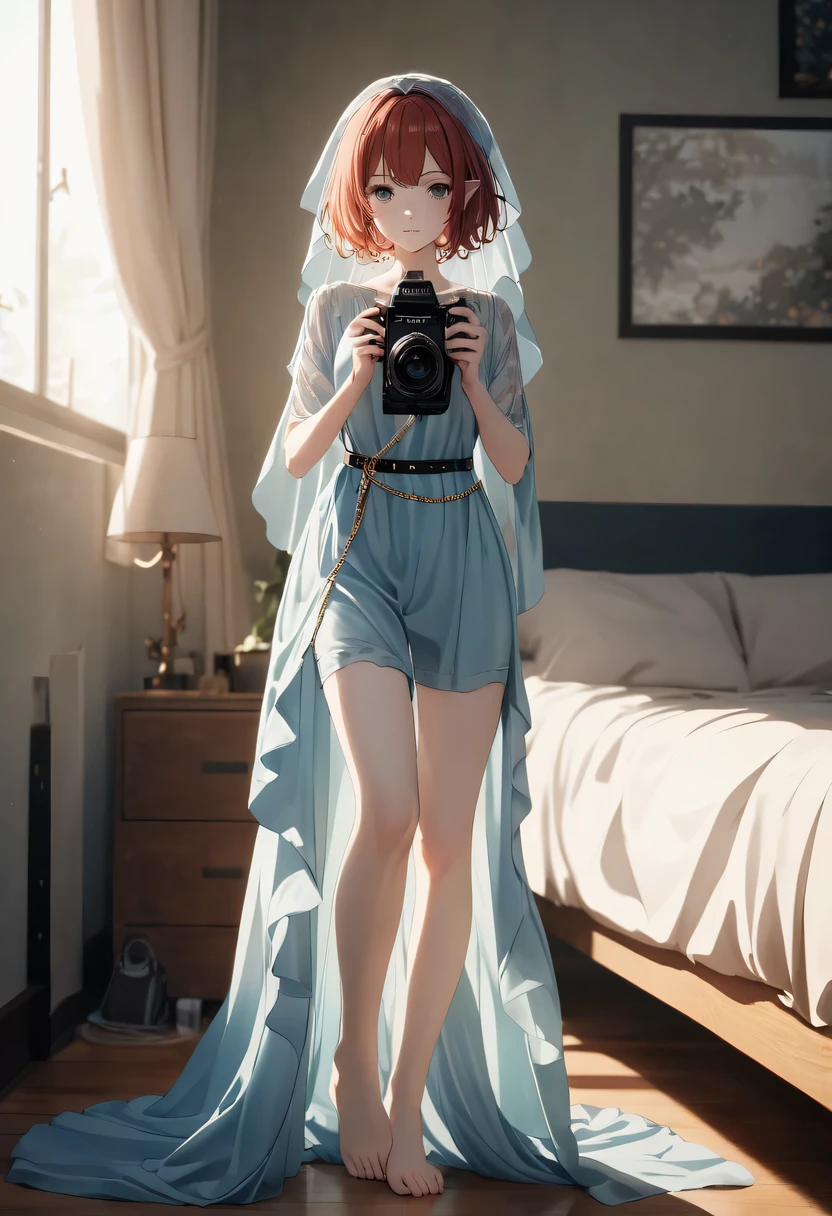 original photo, Full body photo of Ceciliadeo 1SD,auburn hair, Elf short hair, pale skin, Slim, room background, blue silk veil,Thin chain belt, (High detail skin:1.2), 8K Ultra HD, SLR camera, soft light, high quality, film grain, Fuji XT3