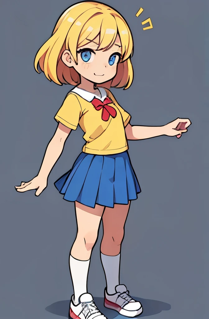 ((intro photo of the character Aline)), de 10 anos, Ela tem longos cabelos loiros claros, grandes olhos azuis, ((rosto muito expressivo)), (((Muito bonitinho))), ((pequena estatura) ), ela usa uma saia escolar azul e uma camiseta amarela e vermelha, white socks and red sneakers,(((personagem feminina))), ((cores vivas)), ((comic book character )), ((( A single drawing))), (((well-marked and defined lines in black))), sem sombra, ((((Fundo em branco)))), (golpes infantis, as if it were made by hand), Drawing in 2d type of strokes like DESENHO ANIMADO, DESENHO ANIMADO. ((The character Aline is playing ball, with an expression of great happiness)).