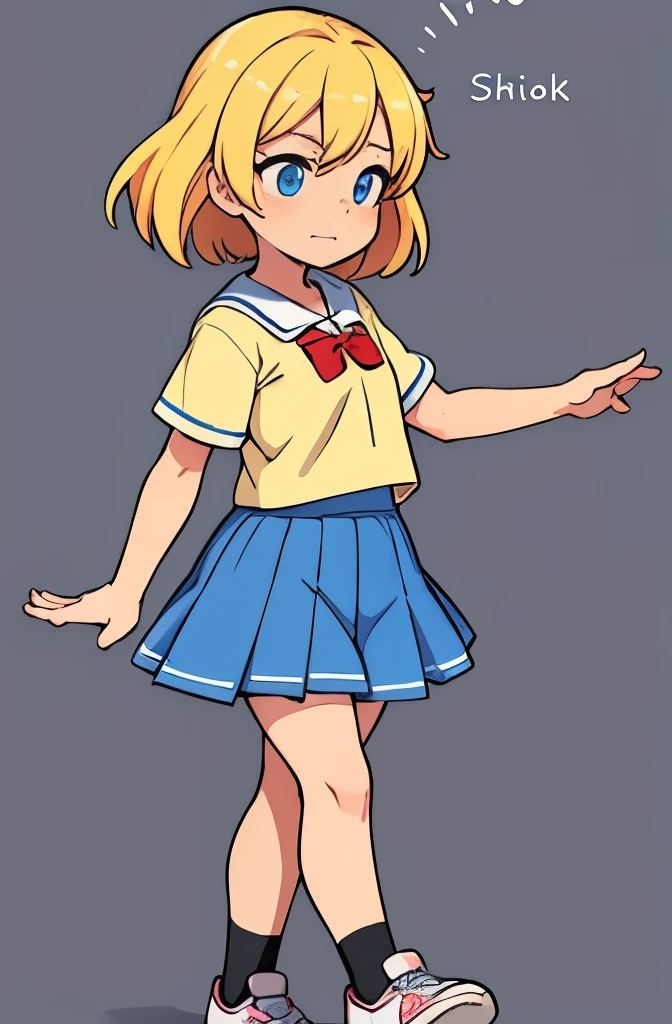 ((character introduction photo Aline)), 10 year old girl, she has long light blonde hair, big blue eyes, ((very expressive face)), (((very cute))), ((small stature) ), she wears a blue school skirt and a yellow and red t-shirt, white socks and red sneakers,(((female character))), ((Vivid colors)), ((character for a children's comic book)), ((( a single drawing))), (((well-marked and defined strokes in black))), without shadow, ((((blank background)))), (childish strokes, as if it were done by hand), Drawing in 2d type of strokes like cartoon, cartoon. ((The character Aline is walking, side view, with an expression of great happiness)).