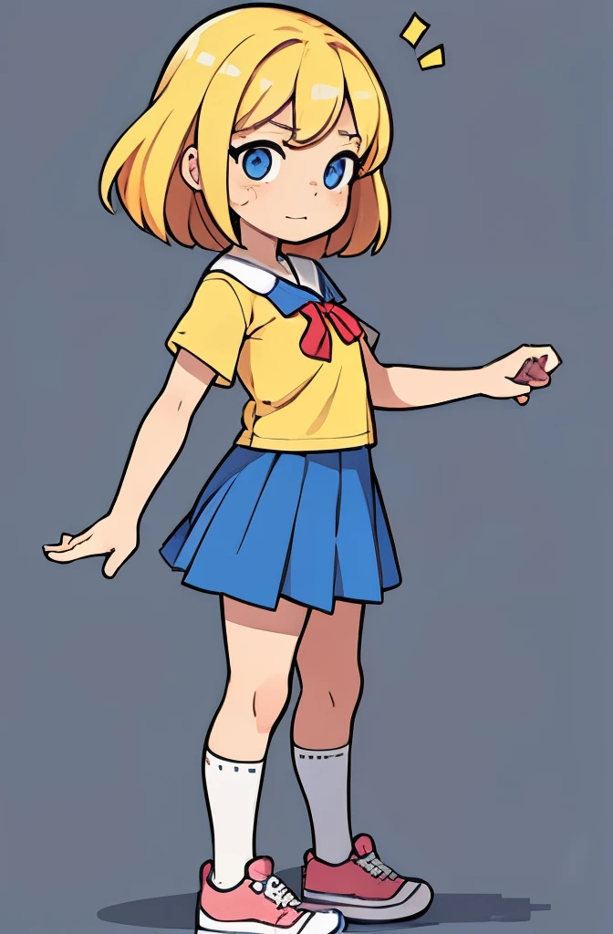 ((character introduction photo Aline)), 10 year old girl, she has long light blonde hair, big blue eyes, ((very expressive face)), (((very cute))), ((small stature) ), she wears a blue school skirt and a yellow and red t-shirt, white socks and red sneakers,(((female character))), ((Vivid colors)), ((character for a children's comic book)), ((( a single drawing))), (((well-marked and defined strokes in black))), without shadow, ((((blank background)))), (childish strokes, as if it were done by hand), Drawing in 2d type of strokes like cartoon, cartoon. ((The character Aline is walking, side view, with an expression of great happiness)).