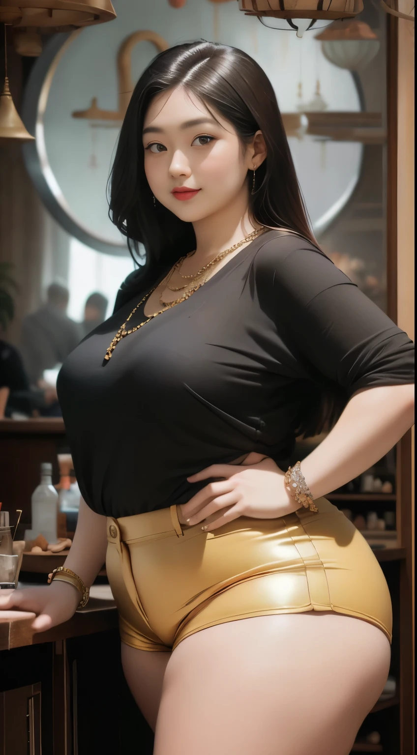 there is a woman in a black shirt and gold shorts posing for a picture, beautiful thick female, thicc, wide hips, thick thighs, alluring plus sized model, rubenesque, thick legs, large thighs, plus size woman, widest hips, thick body, thick, curvy hourglass figure, curvy model, arabian-japanese goddess , beautiful curvy female, slightly fat arms , wearing 5 bracelet, wearing 3 diamond necklace 