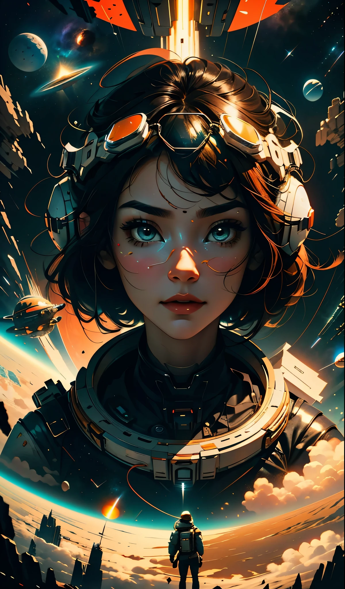 masterpiece, best quality, 1girl, space thriller movie poster, Bauhaus, shapes, lines, abstract, wearing Vision Pro goggles