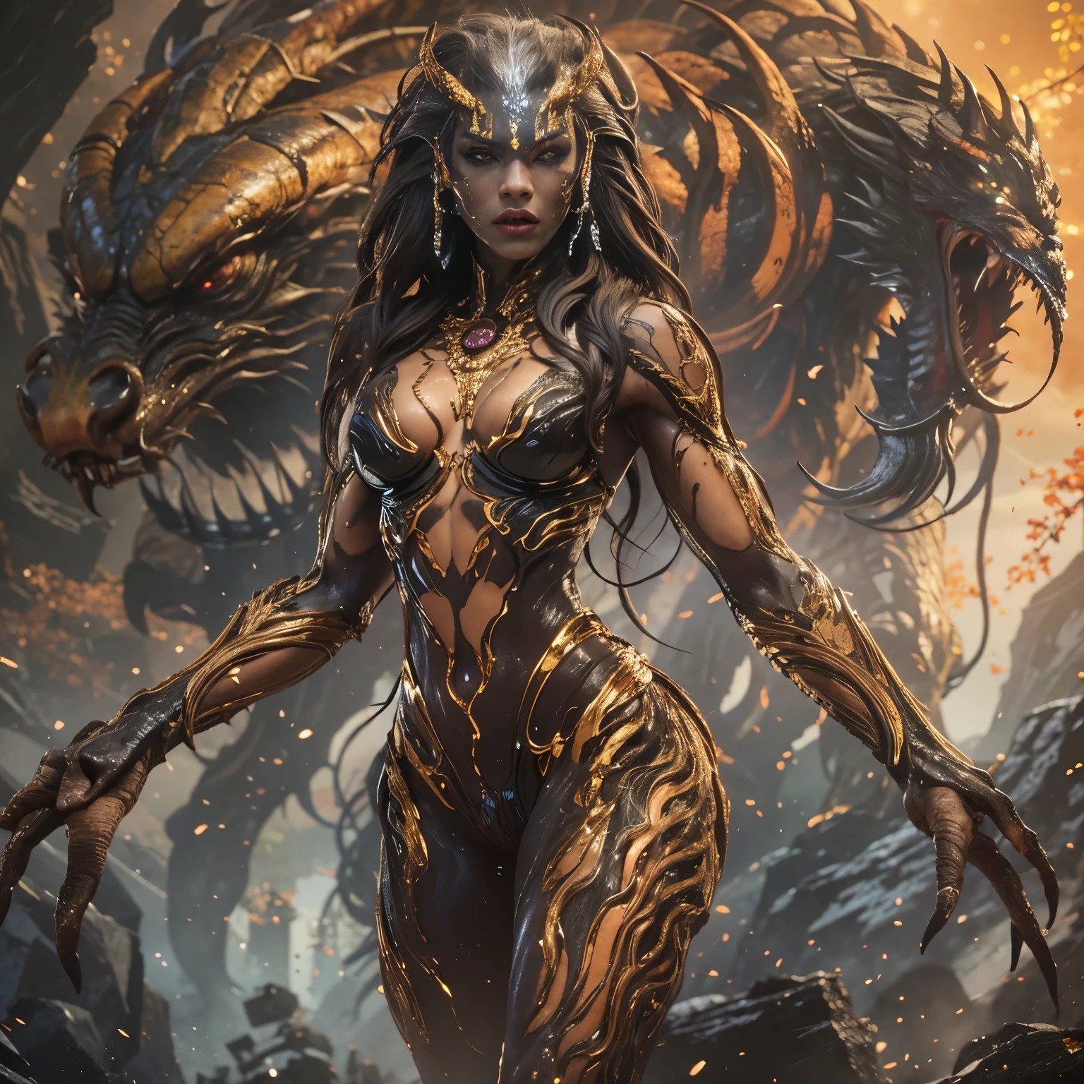 1 female alien, The predator, warrior, (very beautiful:1.2), (intense gaze:1.6), (predator:1.6), long dark nails, NSFW,  nipple, thick eyebrows, sparkling orange eyes, the most beautiful face in the universe, ((There is a female genital-like organ in the middle of the forehead.:1.1)),

A woman with an very beautiful face, her intense gaze fixed on her prey, fundamental power that cannot be denied.

(very beautiful toned body:1.5), (super muscular physique:1.2), (prowl:1.3), (smooth movement:1.4),

her beautiful body, muscular and toned, She moved smoothly and gracefully as she wandered., Ready to attack immediately. The predator within her was always on