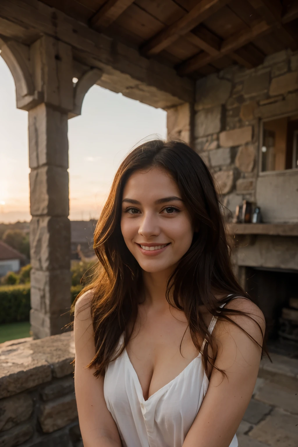 Create a portrait of a radiant woman with flowing locks and a radiant smile, basking in the warmth of a sunrise in a stone house