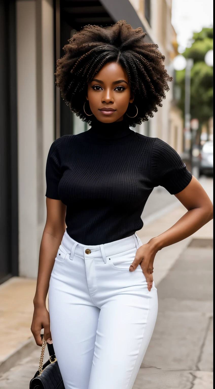 1 mulher negra, Foto realista, rosto detalhado, rua vazia, Detalhe muito alto, cabelo encaracolado, profundidade de campo, cabelo preto, , corpo todo, pelos pubianos, Sorridente.