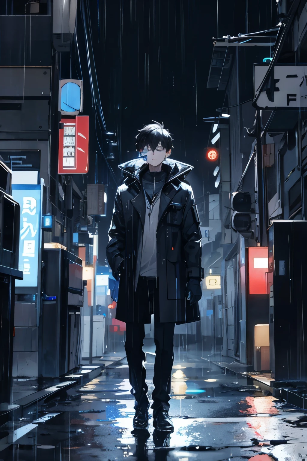 1 boy, night city, rain, coat, Power supplies and power supplies, Connect a Bluetooth headset