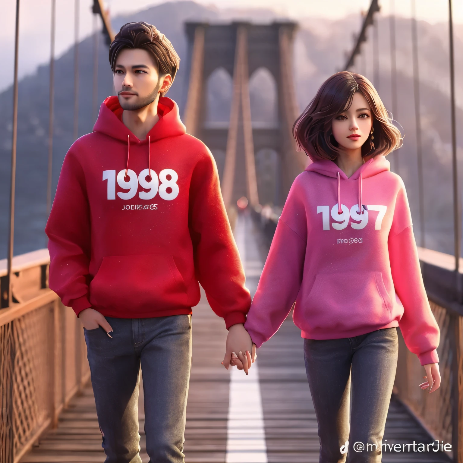 araffe couple walking on a bridge holding hands, trending on cgstation, realistic 3 d style, realistic art style, realistic anime 3 d style, realistic clothing, anato finnstark and alena aenami, in a hoodie, cute artwork, hyper realistic style, realistically rendered clothing, clothes in the style of 1 9 9 0, lovely couple, couple pose