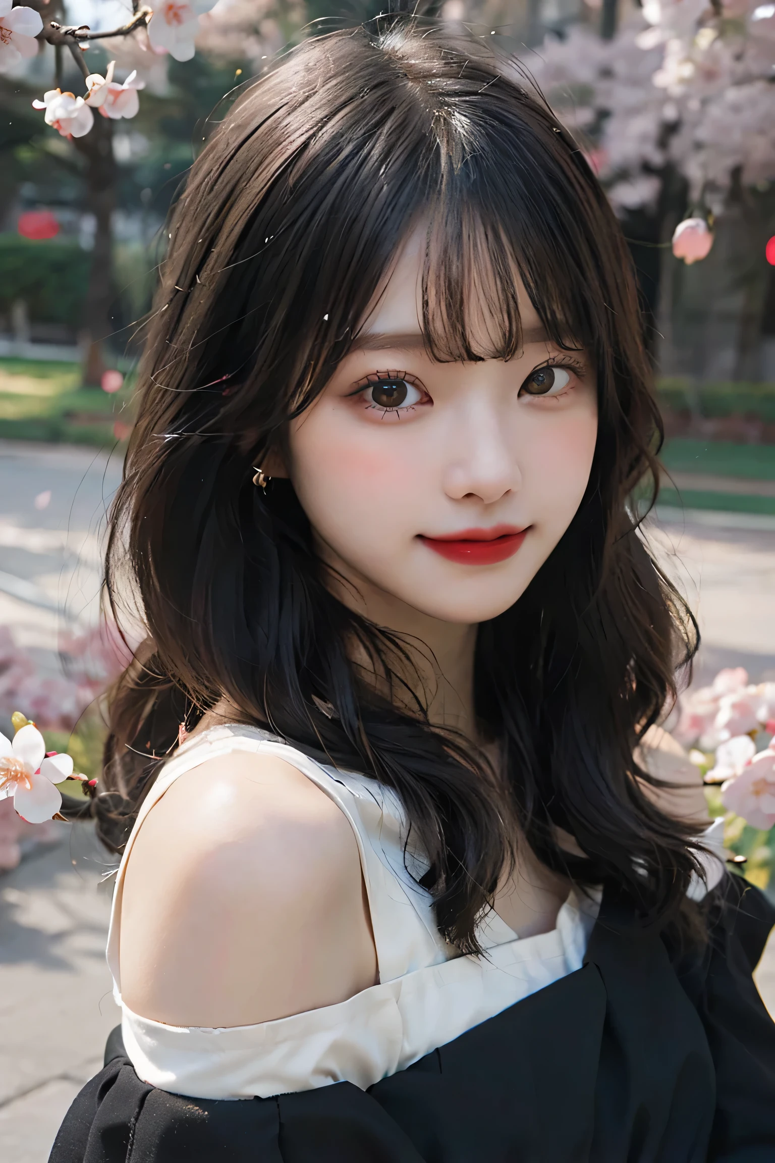 highest quality, masterpiece, ultra high resolution, to be born, 8k, surreal, young girl, off shoulder, smile, Natural light, fine skin, (black hair:1.4), red lipstick, (bangs:1.2), ((cherry blossom background)), very beautiful eyes, black eye