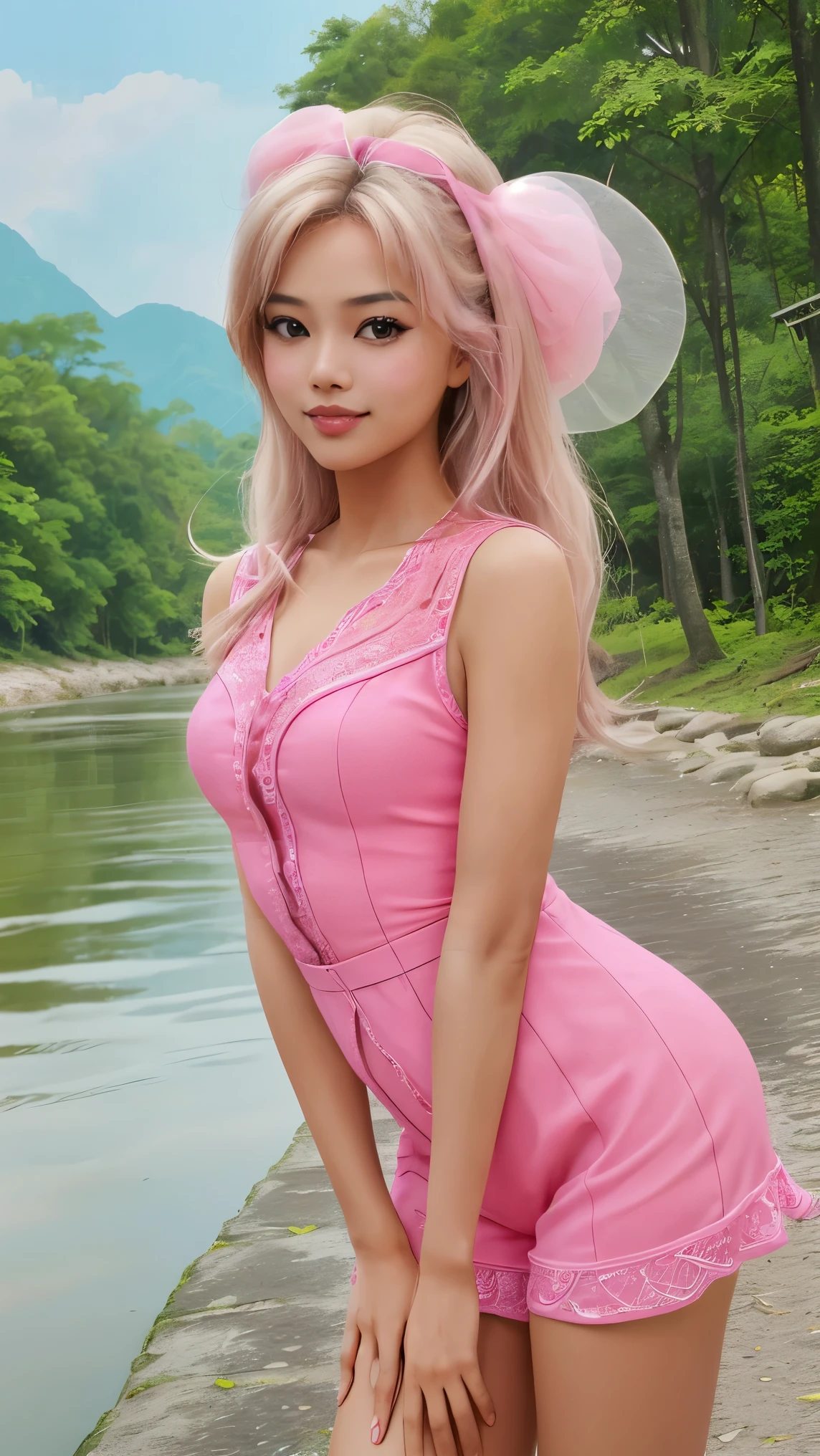 A beautiful Malaysian girl, pink Barbie dressup, tanned skin, river background, heavenly environment, model pose