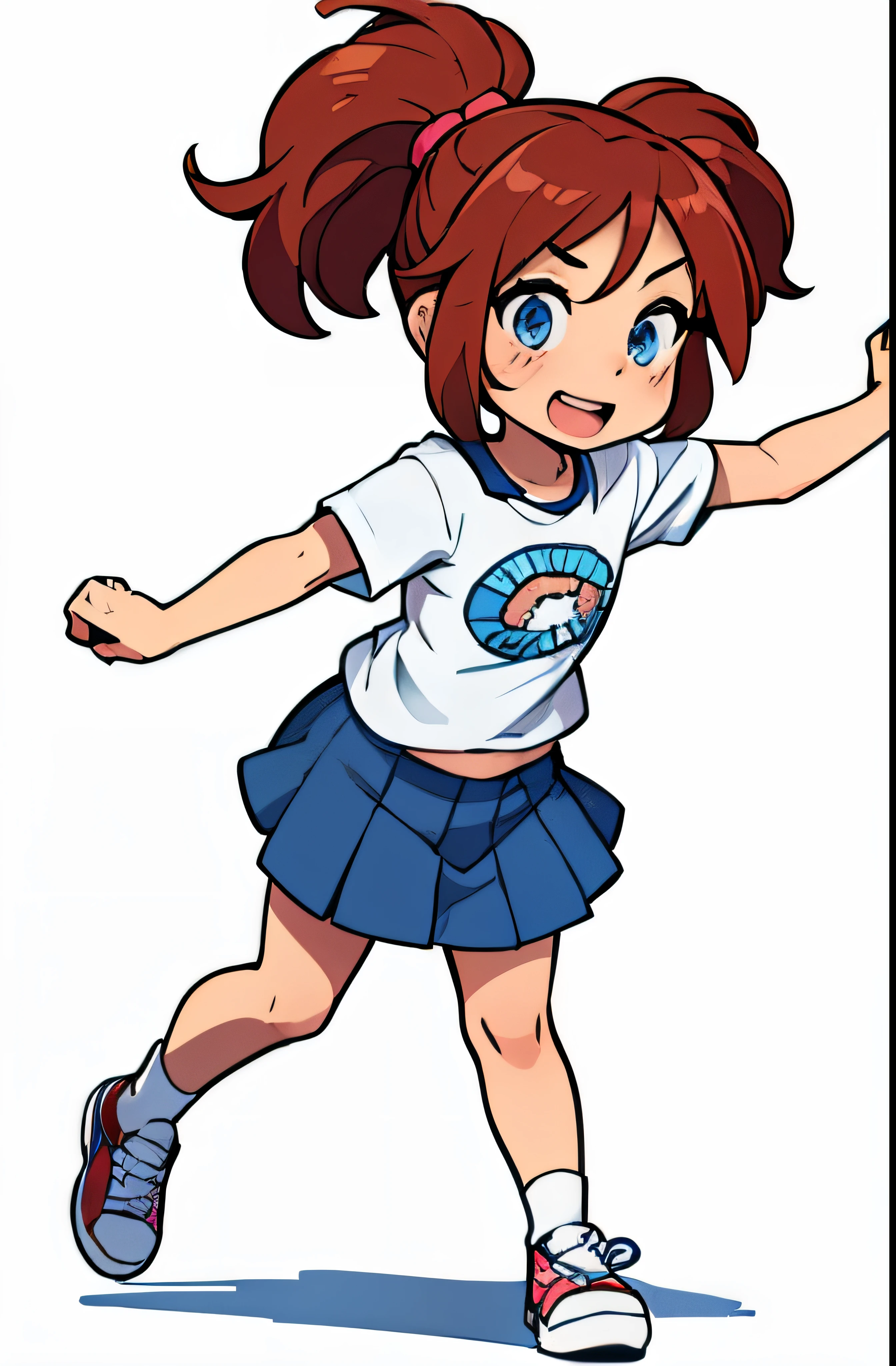 ((Presentation photo of the character Aline)), de 10 anos, ela tem longos cabelos loiros claro, olhos grandes e azuis, ((rosto muito expressivo)), (((muito fofa))), ((estatura pequena)), ela usa saia colegial azul e camiseta amarela com vermelho, wears white socks and red sneakers,(((personagem feminino))), ((cores vivas)), ((personagem para revista em quadrinhos )), (((A single drawing))), (((linhas bem marcadas e definidas em preto))), sem sombra, ((((fundo em branco)))), (childish traits, as if it were made by hand), 2d drawing type of strokes like DESENHO ANIMADO, DESENHO ANIMADO. ((The character Aline is posing full body from the front with an expression of great happiness)).